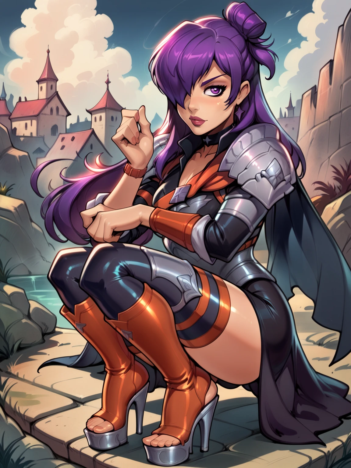 score_9, score_8_up, score_7_up, BREAK, masterpiece, best quality, shez, hair over one eye, choker, armor, cape, black dress, single glove, thighhighs, armored legwear, orange boots,reiq art style,wearing platform heels,stirrup legwear,purple hair,squatting,feet,perfect feet,dynamic pose,single hair bun,wearing toe rings