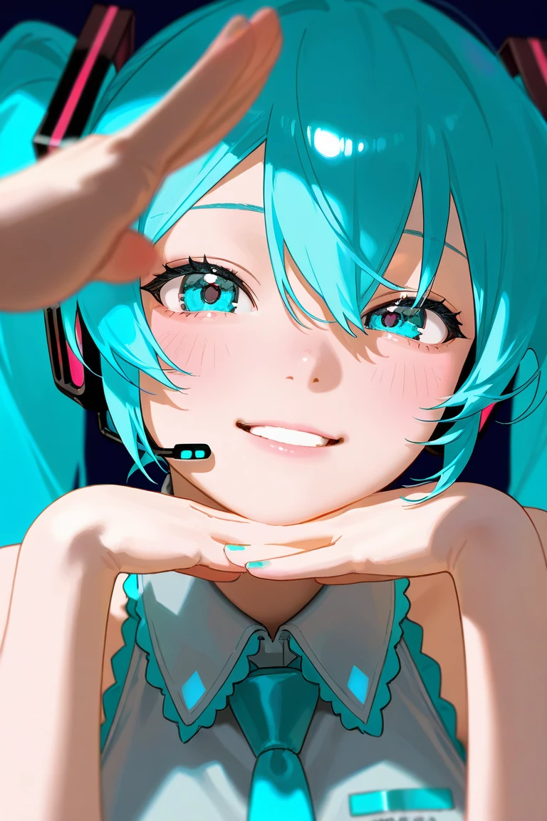  photorealistic 、Chibi Miku （Thumb up your right hand while doing a comical pose、Close your left eye）