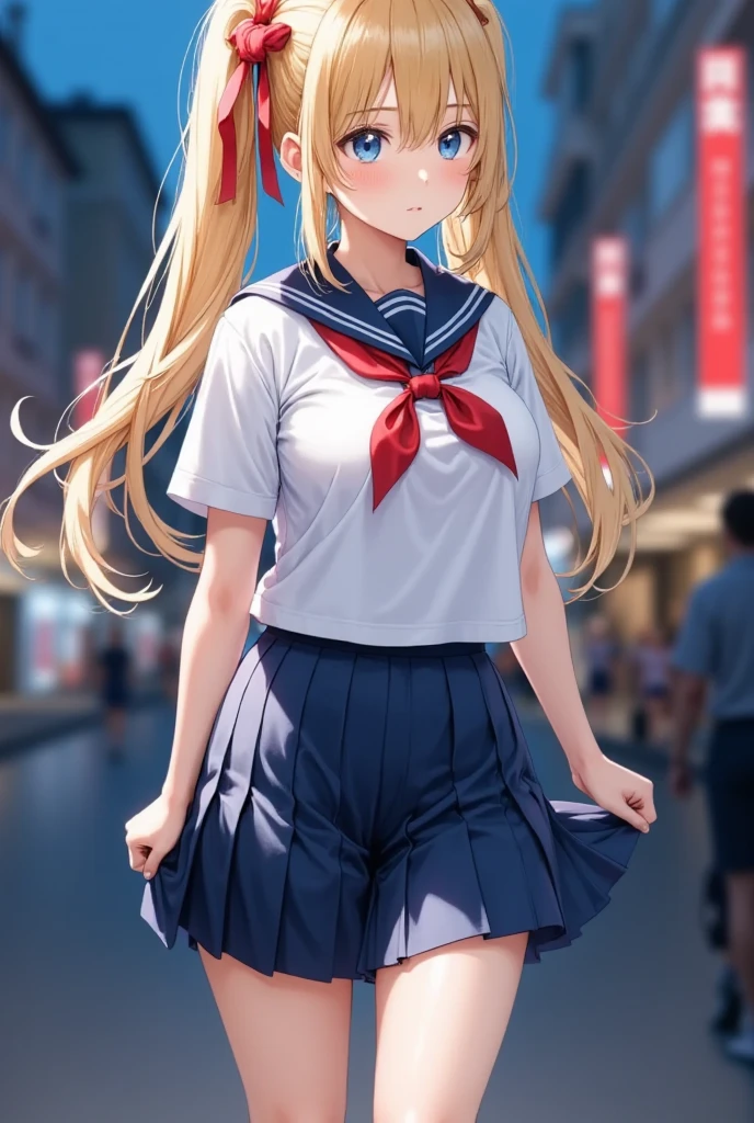 (masterpiece), best quality, expressive eyes, perfect face,girl, 1 girl, 18yo, Blonde, twintails, (big titts), dark blue eyes, (serious high school girl), school uniform,  sailor suit, middy uniform, (white shirt), red ribbon, walking street, wet hair, standing, (brown school shoes), (full body), ((tsurime)), long shot, smile, ((( evening cityscape))), Vivid street lights and neon signs, ((((( shot from the side))))), profile