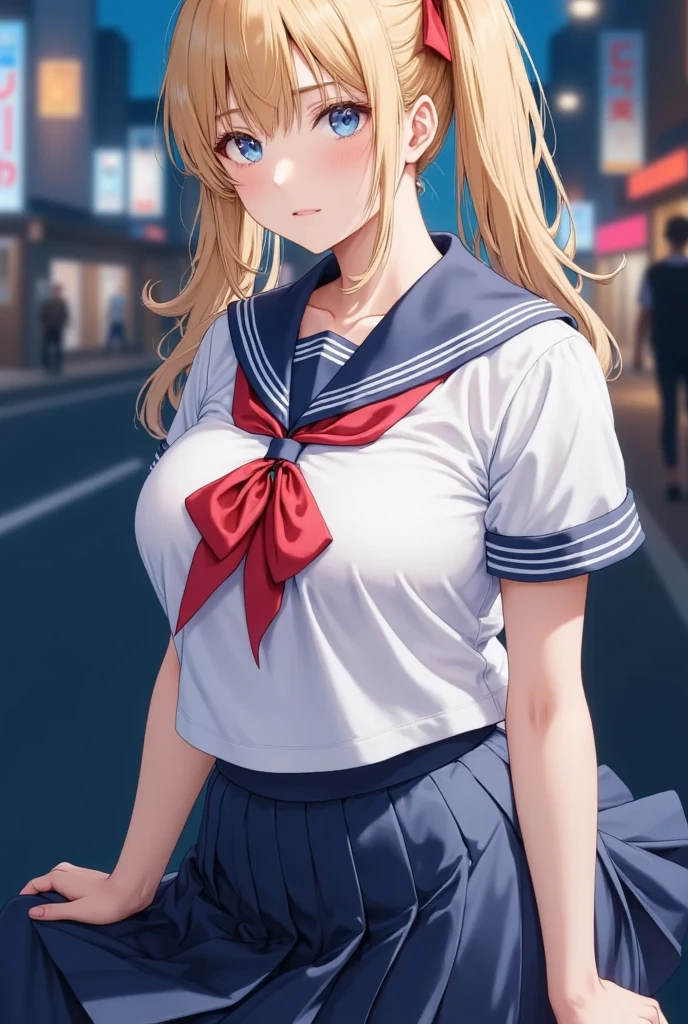 (masterpiece), best quality, expressive eyes, perfect face,girl, 1 girl, 18yo, Blonde, twintails, (big titts), dark blue eyes, (serious high school girl), school uniform,  sailor suit, middy uniform, (white shirt), red ribbon, walking street, wet hair, standing, (brown school shoes), (full body), ((tsurime)), long shot, smile, ((( evening cityscape))), Vivid street lights and neon signs, ((((( shot from the side))))), profile