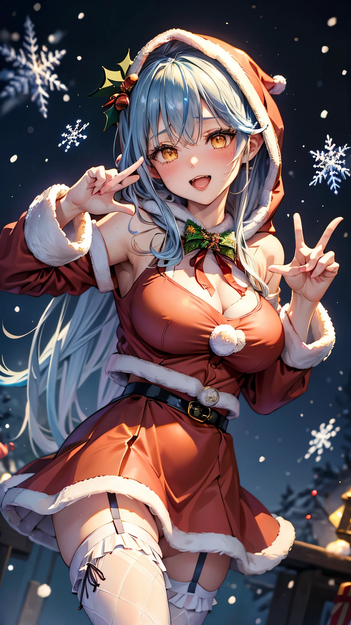 (highest quality)), ((masterpiece)), (Familiar), Perfect Face,Shiny skin,Beautiful breasts、Shiny skin、(((Santa  dress、mini skirt、garter、fish net tights、hoodie、fur jacket、)))、oil skin、Sweat、Off the shoulder、Double teeth 、Big Breasts、Embrace、winter、close、near、(((night)))、shooting STAR、candle、(((yukihana lamy (Hololive). )))、(((Christmas)))、(((hand Heart pose)))