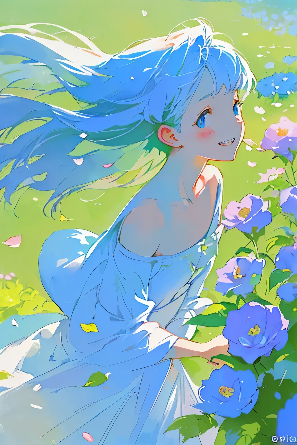 ( leaves her A peaceful expression and a harmonious environment {x} A beautiful girl is taking a walk through a vibrant field full of colorful flowers, seductive . A dreamy atmosphere envelops her 、 creates a graceful and surreal beauty , like pastel watercolor painting . the background is dotted with bokeh effects , Every time a gentle breeze blows , as if a scene unfolds where . the sweet scent of flowers left in the air and , petals whisper softly , teeth、 blue that gently swings in the soft sunlight 々Leaf々Surrounded by . her delicate features are emphasized , seamlessly blends with the translucent petals that surround her