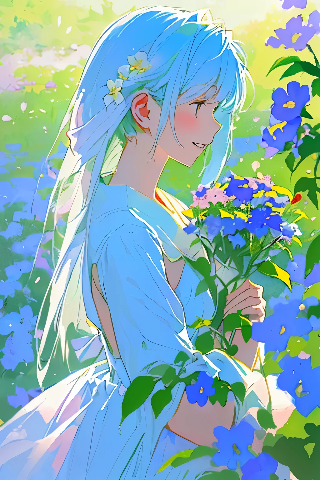 ( leaves her A peaceful expression and a harmonious environment {x} A beautiful girl is taking a walk through a vibrant field full of colorful flowers, seductive . A dreamy atmosphere envelops her 、 creates a graceful and surreal beauty , like pastel watercolor painting . the background is dotted with bokeh effects , Every time a gentle breeze blows , as if a scene unfolds where . the sweet scent of flowers left in the air and , petals whisper softly , teeth、 blue that gently swings in the soft sunlight 々Leaf々Surrounded by . her delicate features are emphasized , seamlessly blends with the translucent petals that surround her