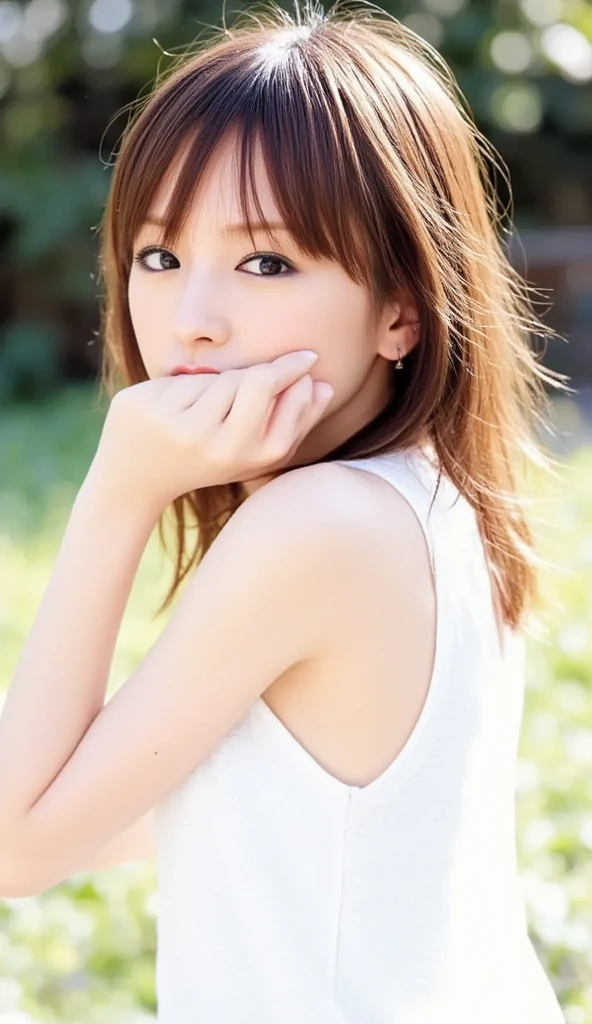 ( RAW photos ,  top quality), ( realistic ,  they love each other :1.3), masterpiece,  very delicate and beautiful, Soft light, (Brown Hair,  straight shoulder-length hair fluttering in the wind),  beautiful detailed girl, ( Detailed Fingers ),  extremely detailed eyes and face ,  beautiful detailed nose ,  beautiful detailed eyes,  1 girl,  Japanese ,  pretty and clean beauty, cute, young, ((white dress)),  pants, (half body:1.3), (Big Breasts:1.2),  realistic  face,  realistic  body,  standing with different breasts 