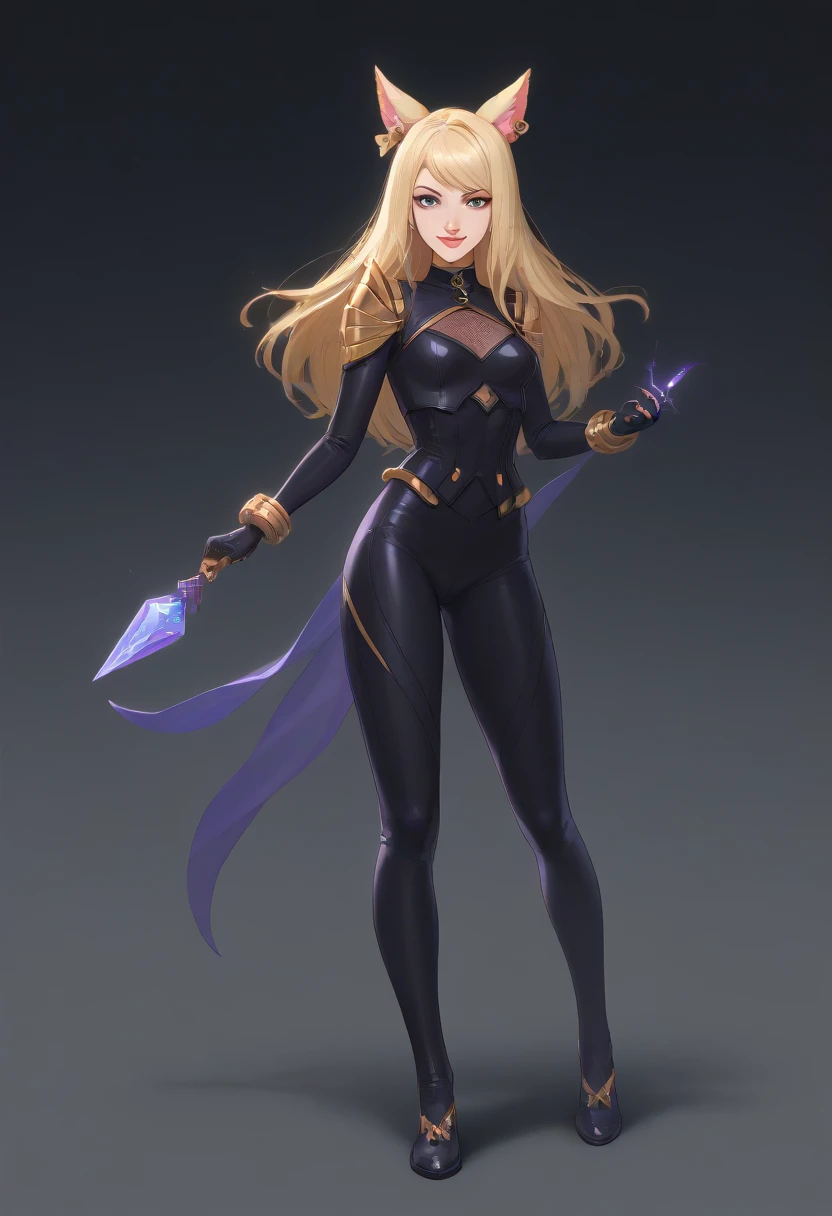 ((full body shot)) KDA Ahri LoL , ((character design sheet)), masterpiece, best quality, highly detailed, score_9, score_8_up, score_7_up, score_6_up, anime font,BREAK , 2girl, long hair, blue eyes, hair bow, small breasts, bow, looking at viewer, freckles, parted lips, smile, full body, red lips, lips, side front, she looks at you, your gauze hurts, fishnets, white background, neutral cast, dance pose, shoulder pads, dominatrix, leather ballet slipper , gold, gloves

