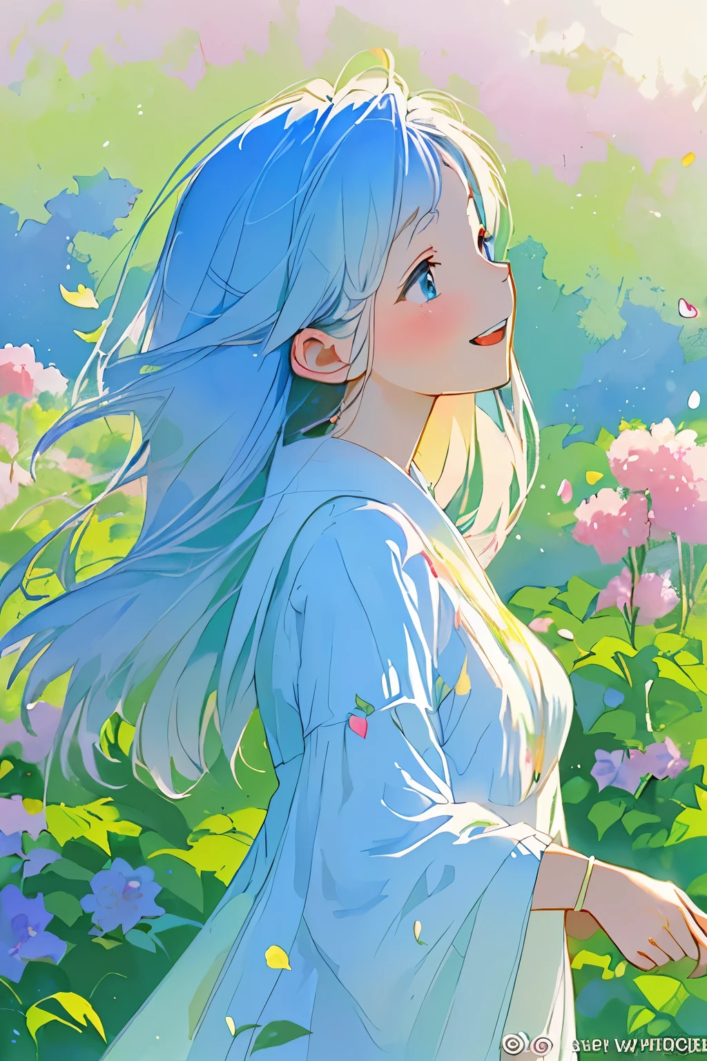 ( leaves her A peaceful expression and a harmonious environment {x} A beautiful girl is taking a walk through a vibrant field full of colorful flowers, seductive . A dreamy atmosphere envelops her 、 creates a graceful and surreal beauty , like pastel watercolor painting . the background is dotted with bokeh effects , Every time a gentle breeze blows , as if a scene unfolds where . the sweet scent of flowers left in the air and , petals whisper softly , teeth、 blue that gently swings in the soft sunlight 々Leaf々Surrounded by . her delicate features are emphasized , seamlessly blends with the translucent petals that surround her