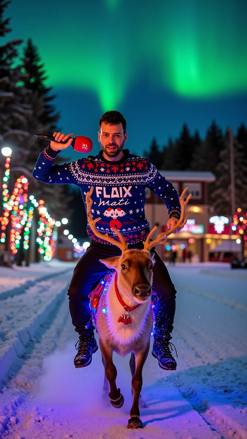 prompt
A thrilling, cinematic winter holiday chase featuring a gorgeous man riding a reindeer covered in brightly glowing Christmas LED lights of vivid colors. The man wears an intricately designed Christmas sweater with the text "Flaix Mati" in bold white and grips a microphone with a red foam top marked "FLAIX FM" in white. The reindeer gallops furiously through a snowy field, kicking up clouds of glittering snow under a dark winter sky lit by the northern lights. Snowflakes fly past the camera, and the lights on the reindeer reflect off the icy snow, adding to the motion and speed. The background is alive with festive cheer: glowing pine trees, colorful garlands, and twinkling fairy lights dot the snow-covered forest. The man’s confident smile and expressive pose, paired with the dynamic lighting and cold, crisp winter air, create a sense of excitement, holiday magic, and exhilarating motion.
