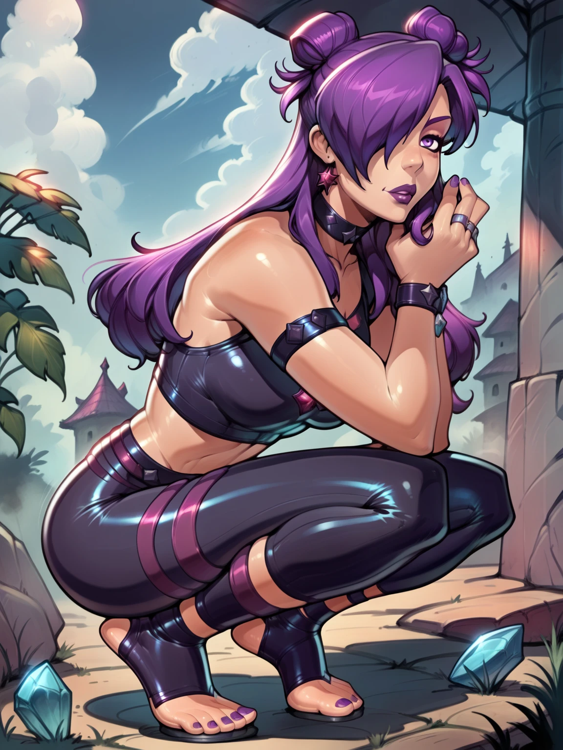 score_9, score_8_up, score_7_up, BREAK, masterpiece, best quality, shez, hair over one eye, choker, ,reiq art style,stirrup leggings,purple hair,squatting,feet,perfect feet,dynamic pose,single hair bun,wearing toe rings with gems