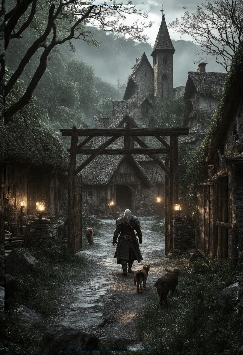 ( masterpiece:1.2 ), (  super detailed), 8k, 16k,  wallpaper, ( fantasy:2.0),  graphic novel  ,  witcher, entering the village, after dark, torch light