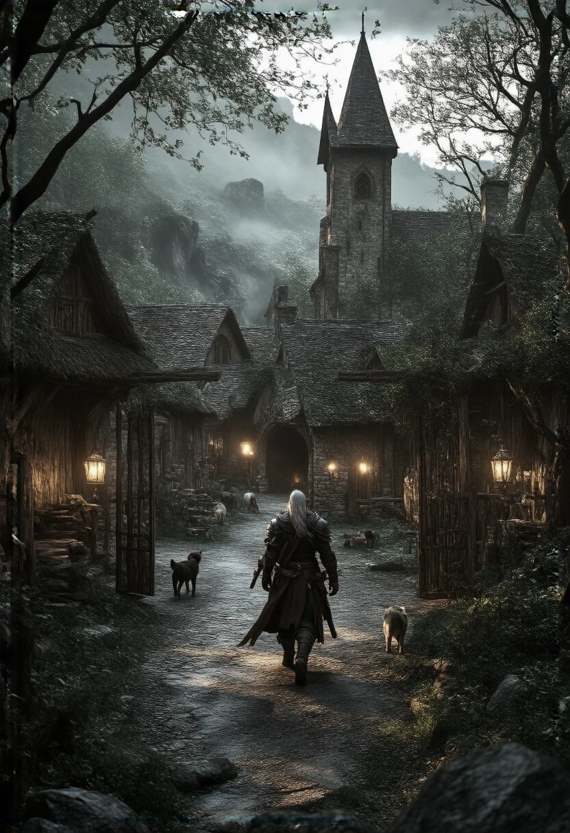 ( masterpiece:1.2 ), (  super detailed), 8k, 16k,  wallpaper, ( fantasy:2.0),  graphic novel  ,  witcher, entering the village, after dark, torch light