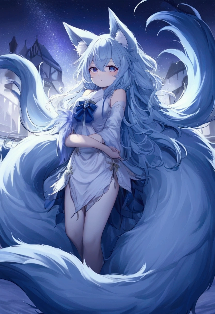 A beautiful woman standing upright with her chin tucked。Wearing a fox mask。(A woman with hair in a bun wearing a gorgeous hair ornament. She is completely naked and wears a lace shawl, her skin is transparent. See-through.)(Long white cloth floating in the wind around her. (Feather robe.) (Taken from the front. Full body shot, down to her toes. Backlight. Streaks of light from the ceiling. (Background blue cave.) (Silhouette of a huge fox. It has nine tails. (A fox with nine tails.)