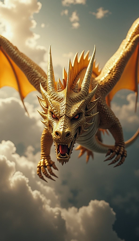 Golden Tenryu,Intense red eyes,Close-up shot of blood coming out of the nose.,Chest scales,High quality,8ก,Lots of details,Fire lettuce,Alas!,4 legs,Spotted claws,gold,dangerous,Fire,Sharp teeth,huge dragons,Bigness,threaten,Tax collection,Flying in the sky