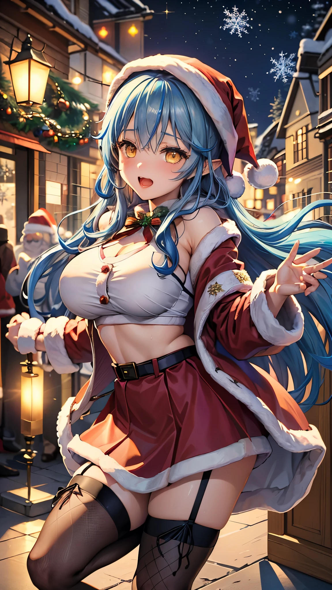 (highest quality)), ((masterpiece)), (Familiar), Perfect Face,Shiny skin,Beautiful breasts、Shiny skin、(((Santa  dress、mini skirt、garter、fish net tights、hoodie、fur jacket、)))、oil skin、Sweat、Off the shoulder、Double teeth 、Big Breasts、Embrace、winter、close、near、(((night)))、shooting STAR、candle、(((yukihana lamy (Hololive). )))、(((Christmas)))