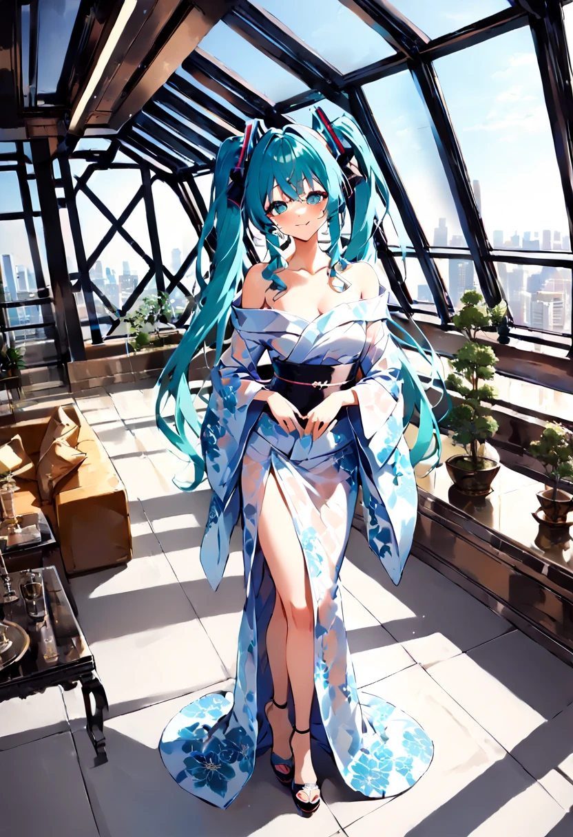 (hatsune miku:1.2), (yukata, off-shoulder, sheer:1.4), (cowboy shot:1.4), (luxurious penthouse, indoor rooftop temple:1.4), 