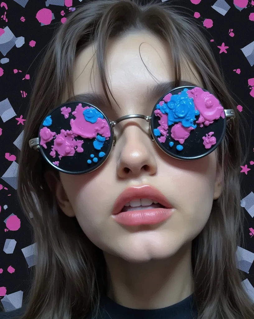 Digital portrait of a young woman's face. she is wearing a pair of round sunglasses with a black frame and pink and blue lenses. the lenses are covered in splatters of pink, blue, and black paint, creating a chaotic and chaotic effect. the woman's hair is styled in loose waves and falls over her shoulders. she has a serious expression on her face and is looking directly at the camera. the background is black with small squares and rectangles scattered throughout, giving the image a futuristic and edgy feel. the overall mood of the image is dark and mysterious.