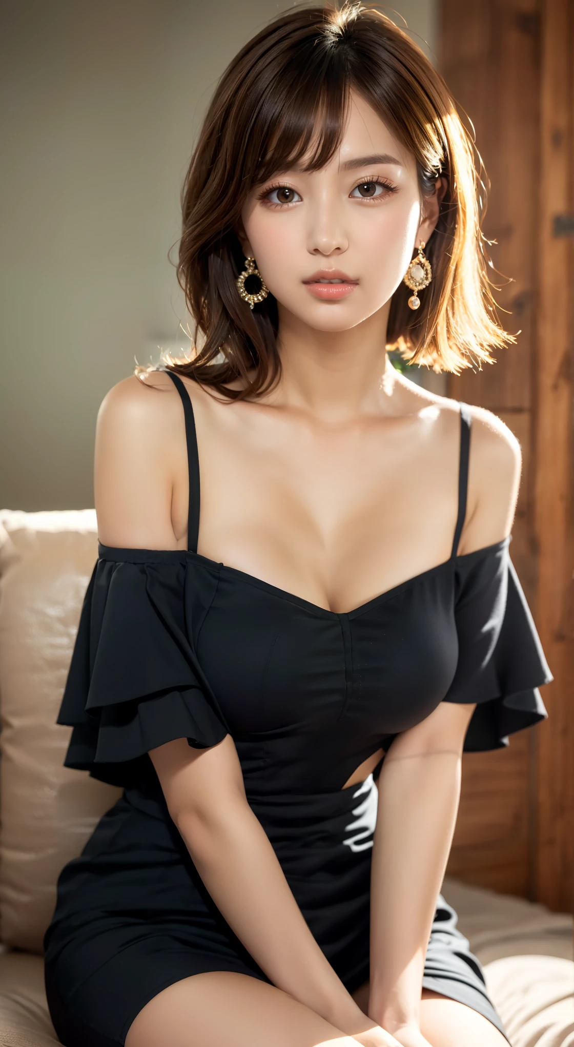 8K RAWフォト、 Hi-Res、, Professional Photos, (Realistic,  photorealistic:1.37), (highly detailedskin:1.2),  hold out your hands to the viewers、 Light Blonde Hair、 neckline open cordless ,  off-shoulder 、cute Japanese 18 year old 、Round face、Very thin lips、 Very Big Round Breasts 、 voluminous cleavage 、Beautiful eyes and fine details、 long eyelashes 、 beautiful double eyelids、 Short Bang 、 earrings for a woman alone、  necklace  、(( full body image))