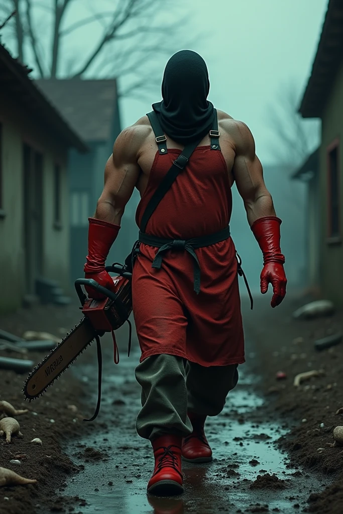 A very tall man, 8 feet tall, angry, has a long shirt on, a long robe type of shirt that's black, and also has white long pants, pants that reach the floor, also has really long arms, and has a really long and wide mouth, has no eyes, but has two dots, red in the center, also has black liquid dripping from eyes, high quality, high detail, extreme detail, 4K UHD, high definition, good quality, muscular, strong, has chainsaw in hand, has crossbow in other hand, angry, has blood on pants and shirt, killer, angry, upset, mad, full body, entire body, showing entire body, angry, good quality, high quality, only this man, horror, horror character inside of secret laboratory, underground creepy, atmosphere, light fog, full body high-quality, mask covering face, creepy looking mask mask has blood on it dripping blood high-quality high definition, dark laboratory, but not super dark man is muscular, but has robe covering his body but his body looks muscular and has white pants that is reaching the floor, long, white pants, long, white pants that resembles pajama pajama that has stars on it yellow stars, high definition and high-quality and extremely detailed stars. Chainsaw also has stars on it high detailed stars.
