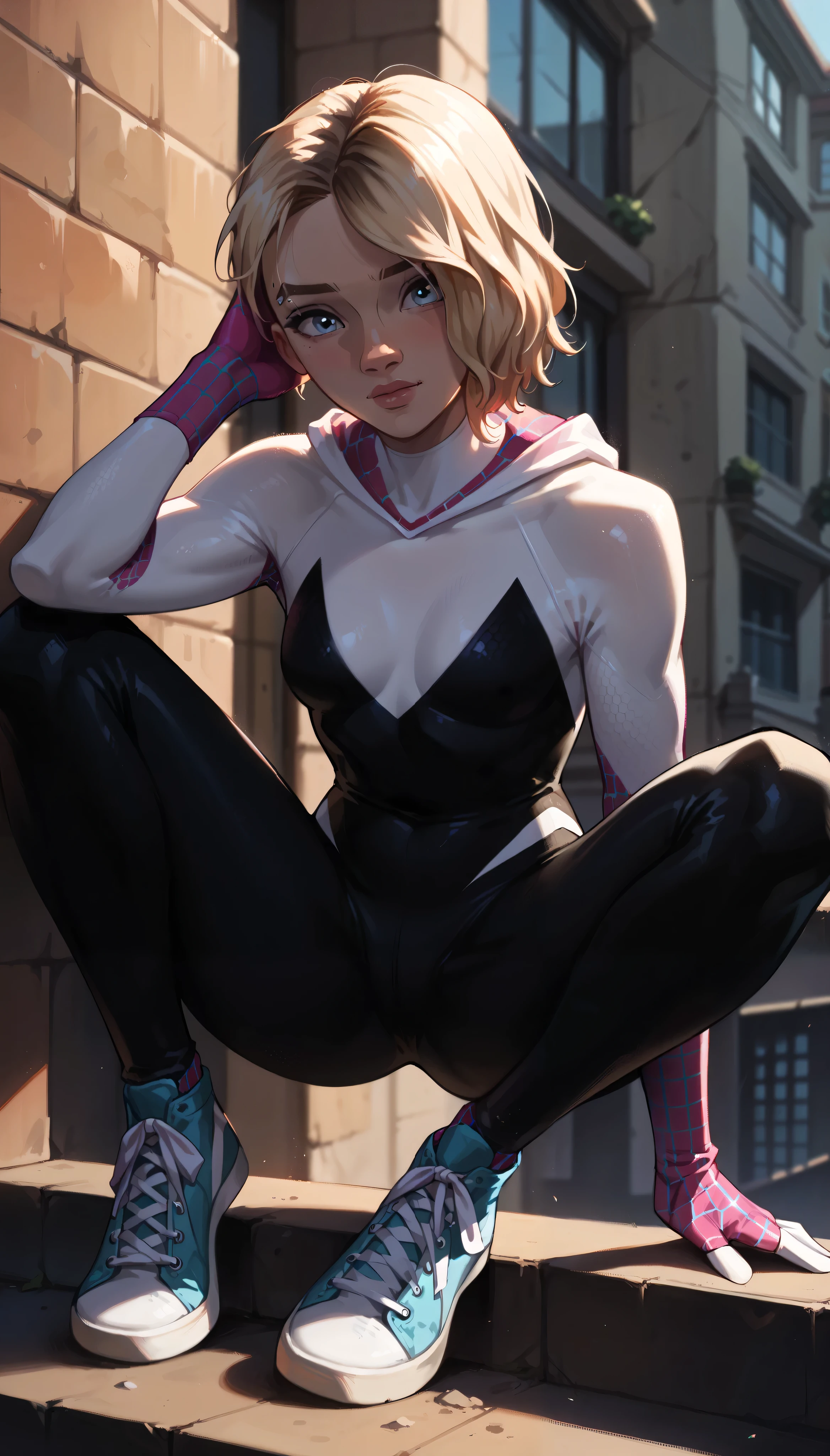 Gwen Stacy Spider verse 18 y.о. , blond with pink short hair. She is wearing sexshop hooded Venom lace sexy catsuit. Full body shot. Rooftop ledge.