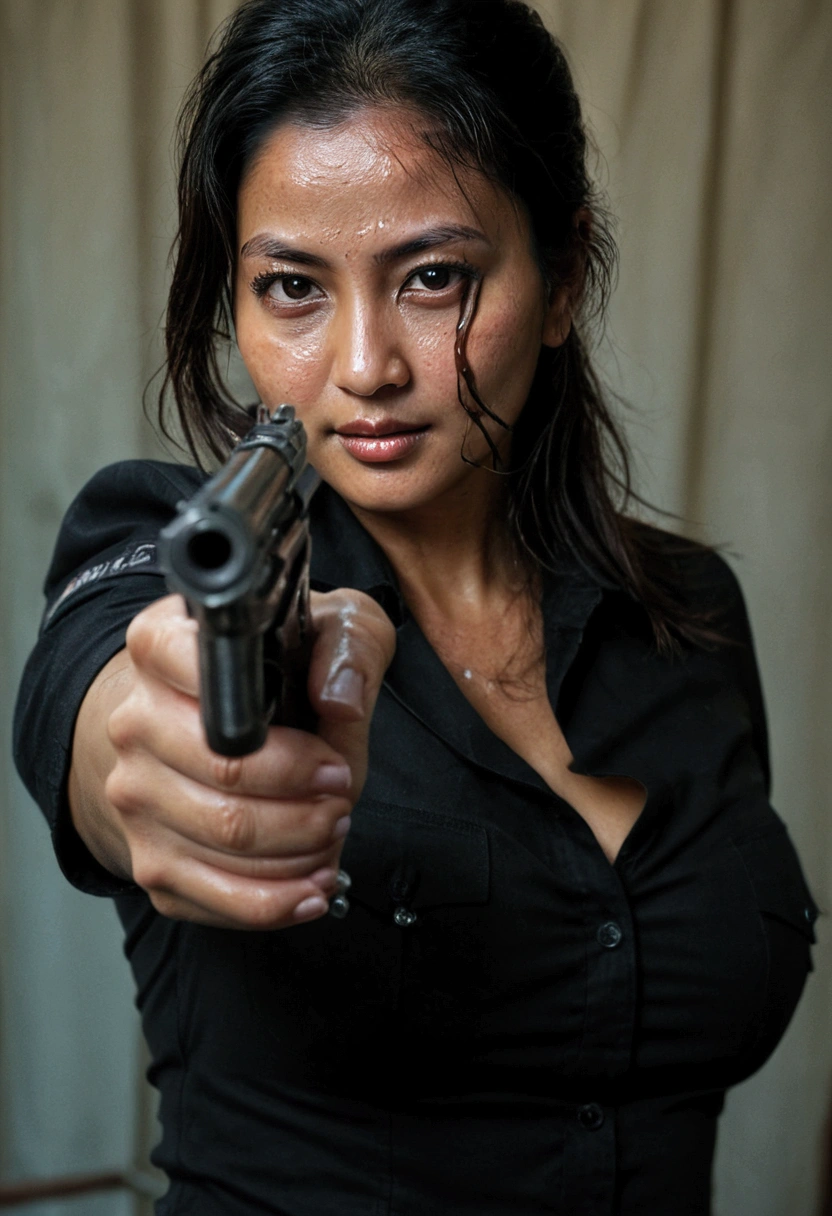 40 years old italian-indonesian milf shooting her guns, with oily wet face skin and visible skin pore as beautiful sexy faced, real model, real people, real scene, real skin texture, HDR, Hyperrealistic,Photorealistic image, dynamic lighting, volumetric illumination, 4 K, awarded, real scene