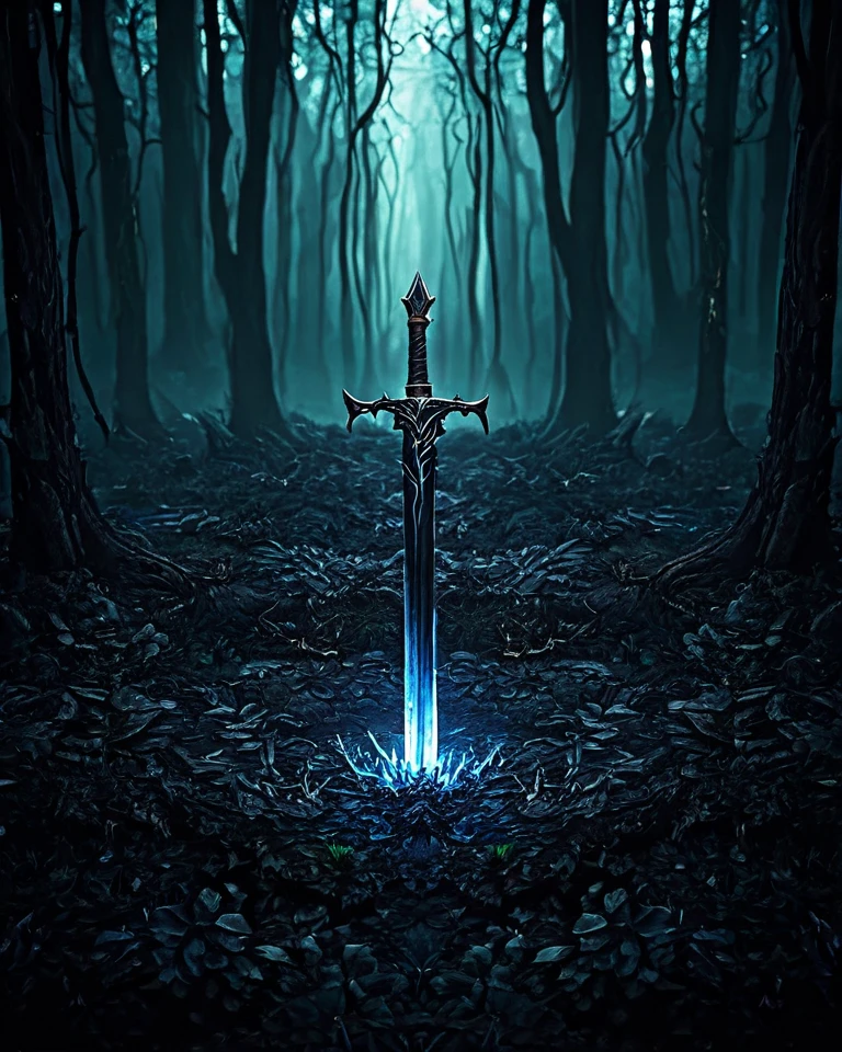  a dark forest ,  in the center of the screen, Is a sword stuck to the ground , The focus of the image , Around you more illuminated, highlighting .  The image is in high resolution , In bluish tones in realistic style but with a video game image tone,  something that mixes 3D with reality 