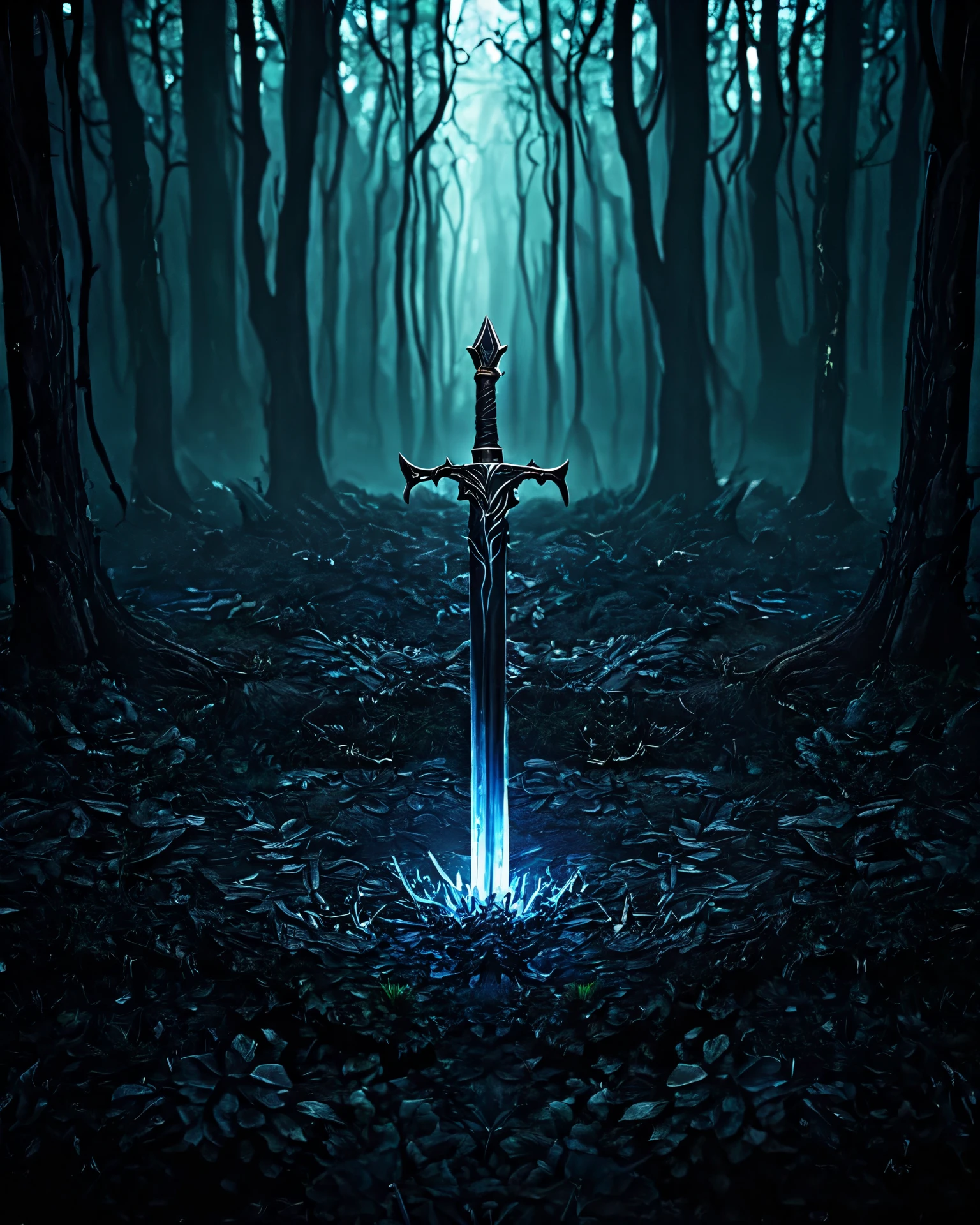  a dark forest ,  in the center of the screen, Is a sword stuck to the ground , The focus of the image , Around you more illuminated, highlighting .  The image is in high resolution , In bluish tones in realistic style but with a video game image tone,  something that mixes 3D with reality 