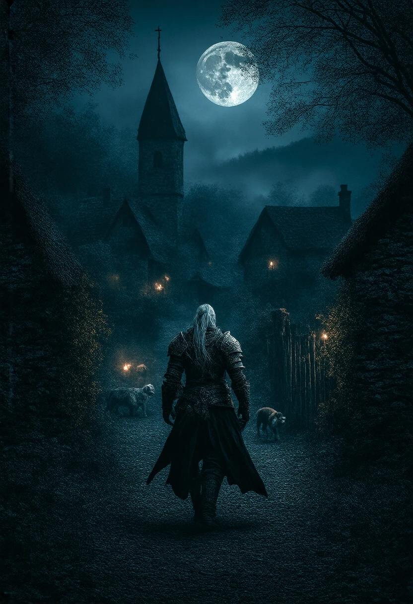 ( masterpiece:1.2 ), (  super detailed), 8k, 16k,  wallpaper, ( fantasy:2.0),  graphic novel  ,  witcher, entering the village, after dark, torch light