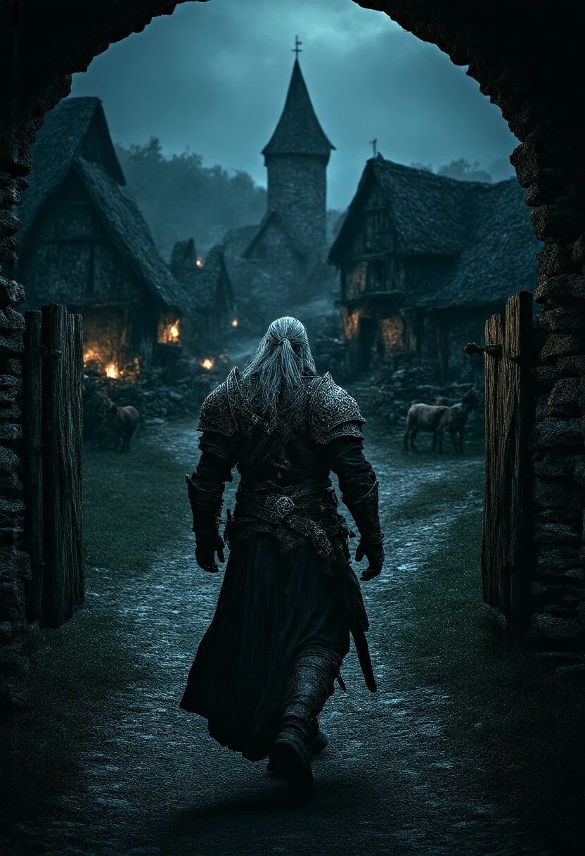 ( masterpiece:1.2 ), (  super detailed), 8k, 16k,  wallpaper, ( fantasy:2.0),  graphic novel  ,  witcher, entering the village, after dark, torch light