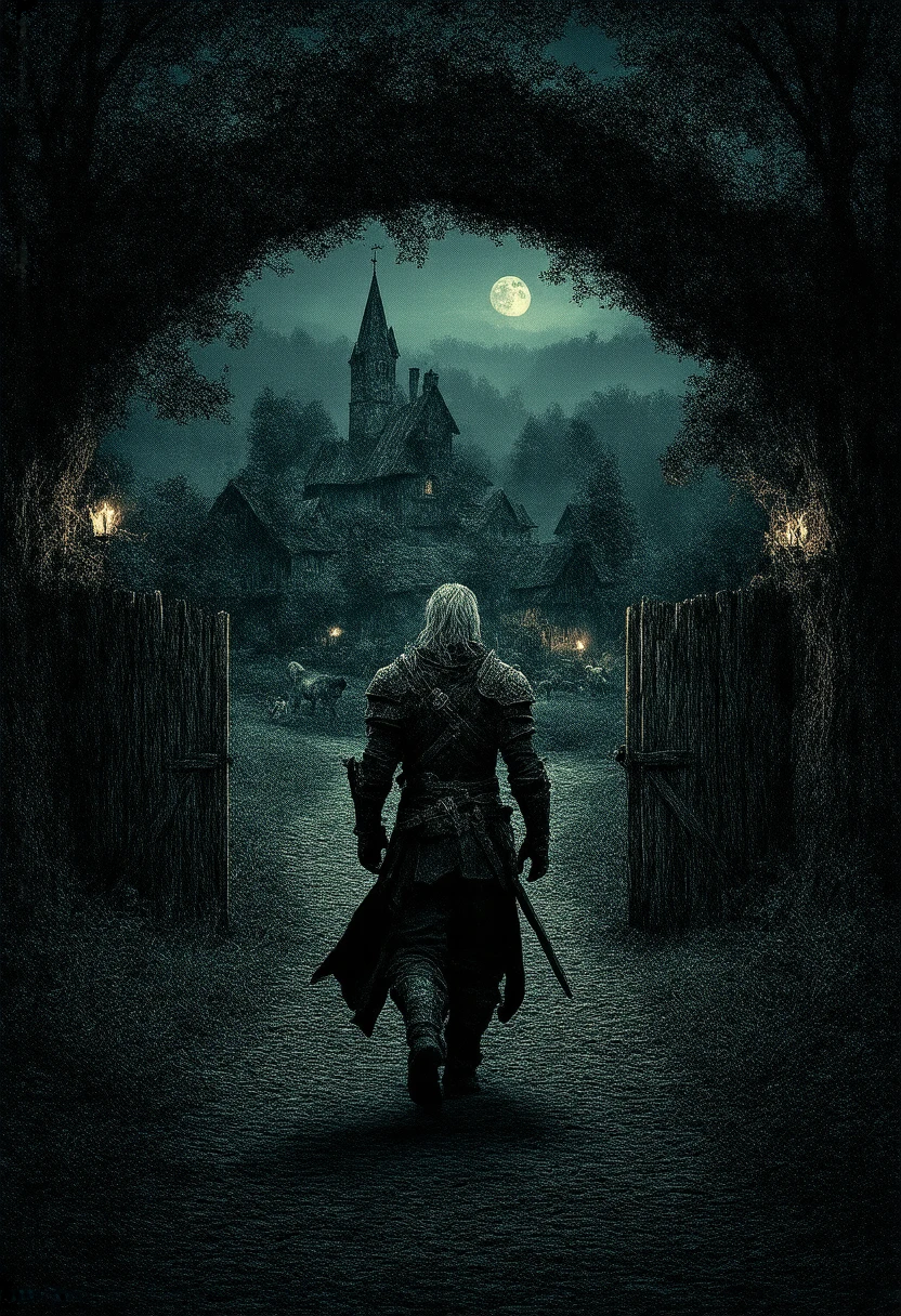 ( masterpiece:1.2 ), (  super detailed), 8k, 16k,  wallpaper, ( fantasy:2.0),  graphic novel  ,  witcher, entering the village, after dark, torch light