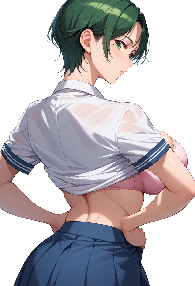 momokino , large breasts, short hair, green hair, mole, school uniform, skirt　undressing,show　Bra. bra lift 　 back view　 Looking Back　garden,hands on hips,　 shirt undressing 、Shota.Shotaが胸を見る　Spectacle　 huge breasts