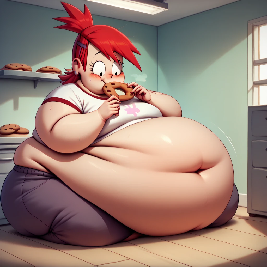 score_9, score_8_up, 1girl, Frankie Foster (obese figure:1.5), blushing, cute, detailed eyes, indoors, very hyper belly, eating cookies ,sweating, Perfect anatomy of an obese female body, clothes that fit your big, fat body size.