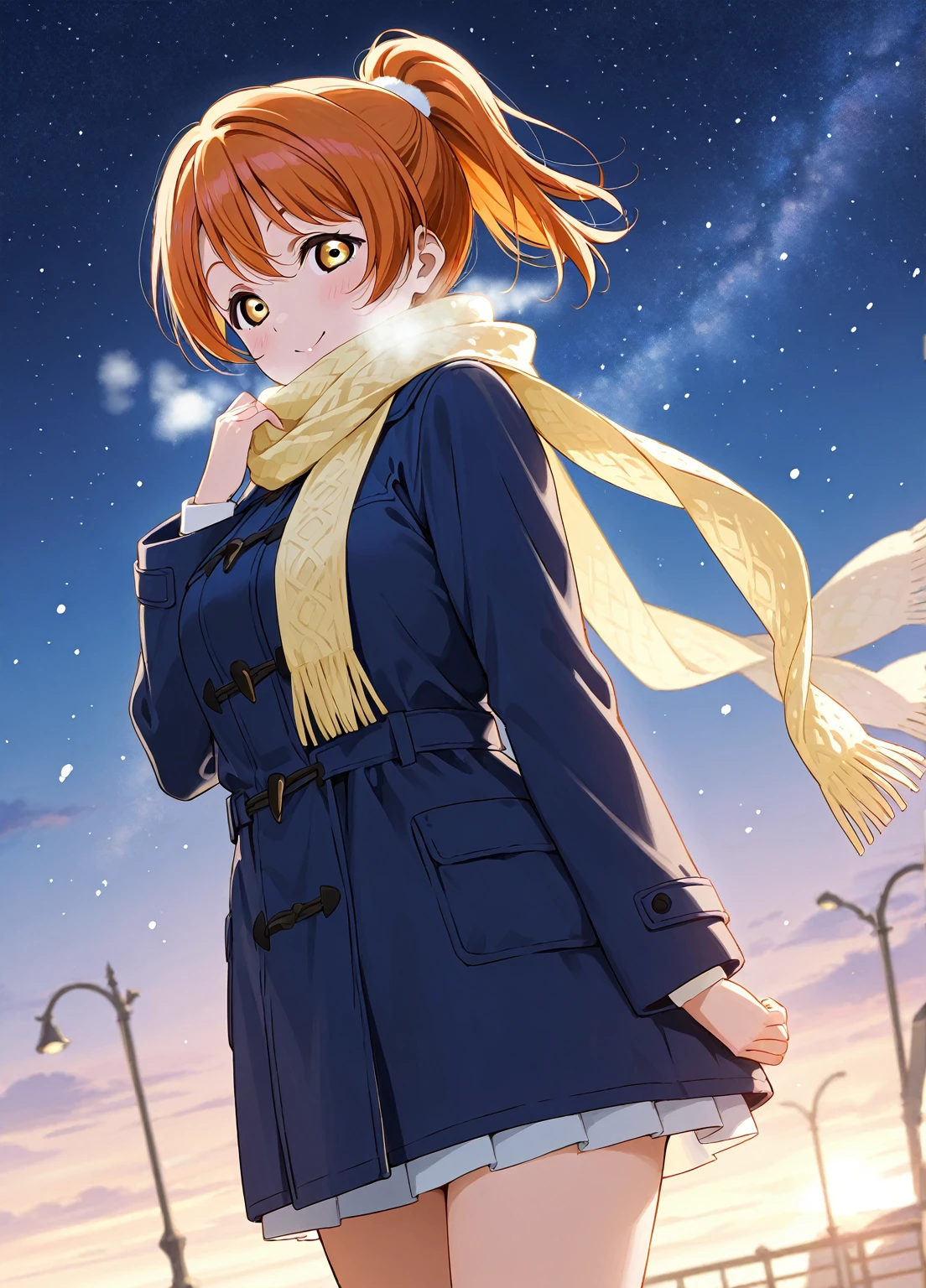 Love Live!!　Starry Sky　 orange hair　 yellow eyes 　Short Hair　 ponytail　 snow falling 　 scarf　Blue coat