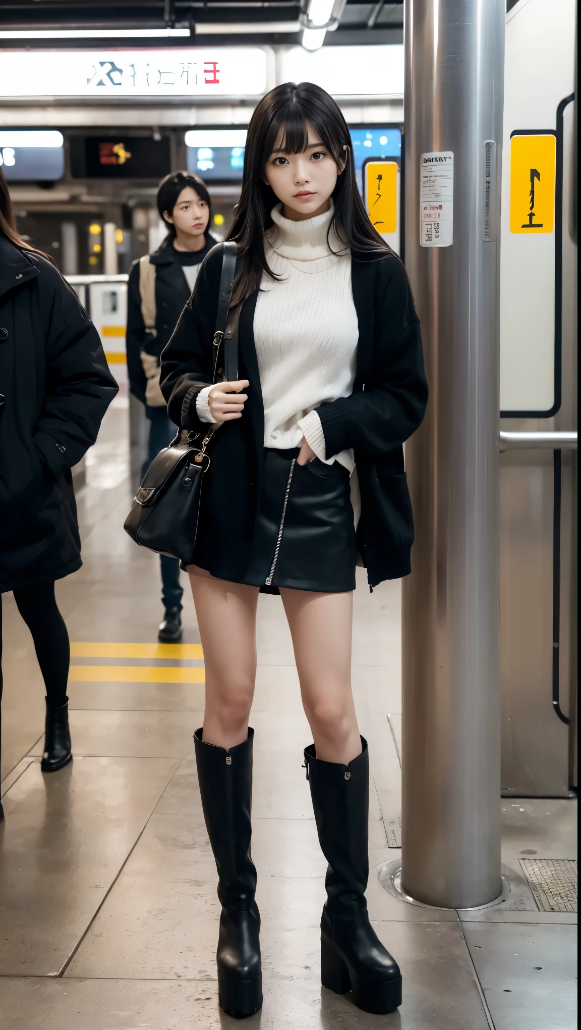 (dark alley,one girl, solo girl ),( no one else:1.4、 Station Home :1.4)、 full body shot 、Outdoor、masterpiece、 top quality、 high definition 、 realistic 、(誰も居ない暗いsubway station platform にて)、(subway station platform で男性から逃げる黒いニーハイブーツと黒いミニスカートと white sweaterを着た女性)、(A frightened 18-year-old beautiful girl)、(Beautiful woman with an anxious expression)、subway station platform を迫り来る男性から逃げる美女、 long legs 、 Beautiful Legs 、 platform boots、Tall, thin and slim magazine model、 young and sexy gravure model 、 cleavage、 cleavageからブラジャーが少し見える、 looking at camera、Looking up、 long black hair、Black hair with a natural perm 、Long hair with bangs、( black suede long boots up to the knee 、black wool miniskirt 、 white sweater、subway station platform )