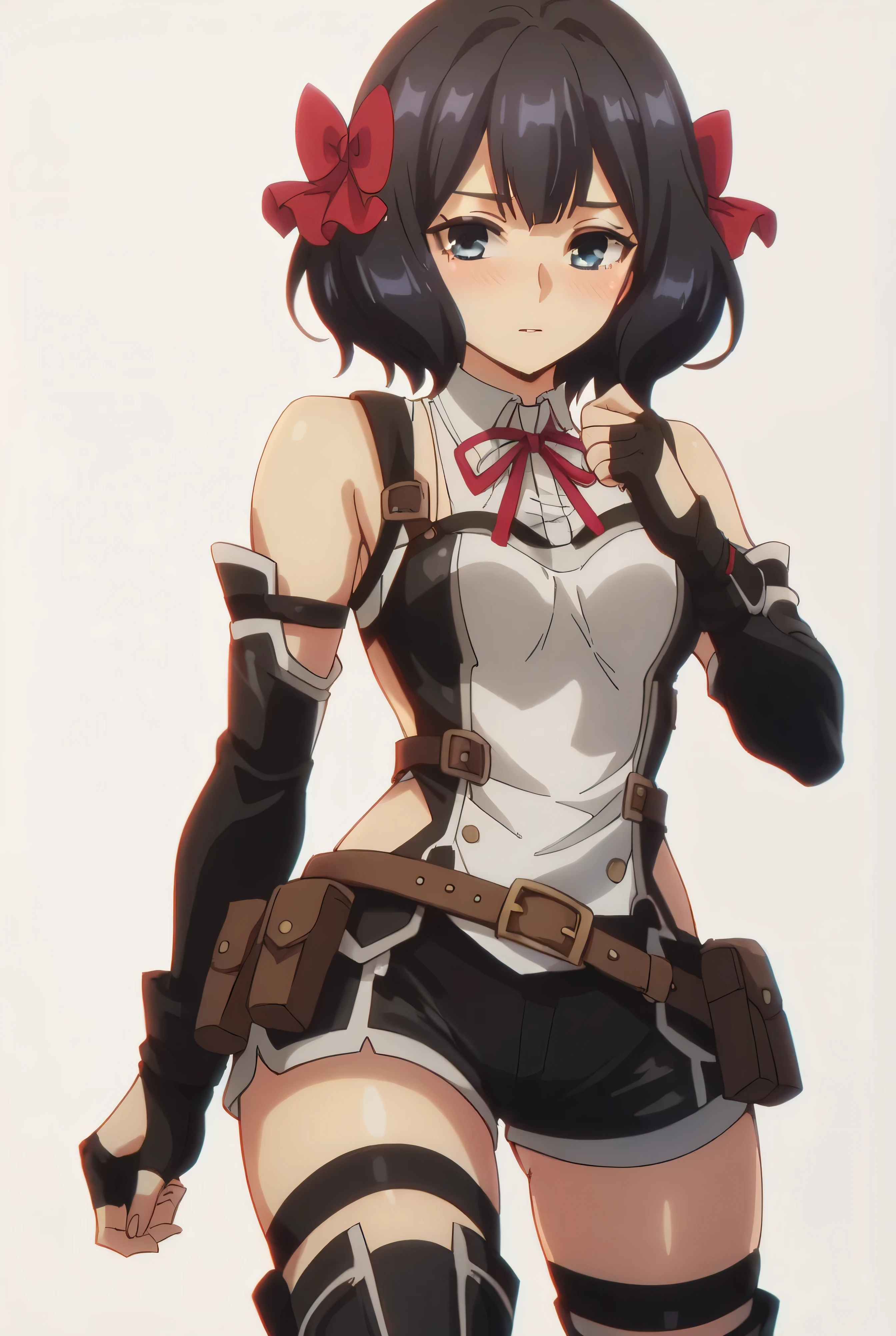 (score_9,score_8_up,score_7_up, ),TXWL_DN,1girl,solo,black hair,fingerless gloves,thighhighs,blue eyes,short hair,black thighhighs,blush,red ribbon,black gloves,hair bow,belt,detached sleeves,black shorts,belt pouch,cowboy_shot,simple_background,gray_background,shirt,thigh_boots