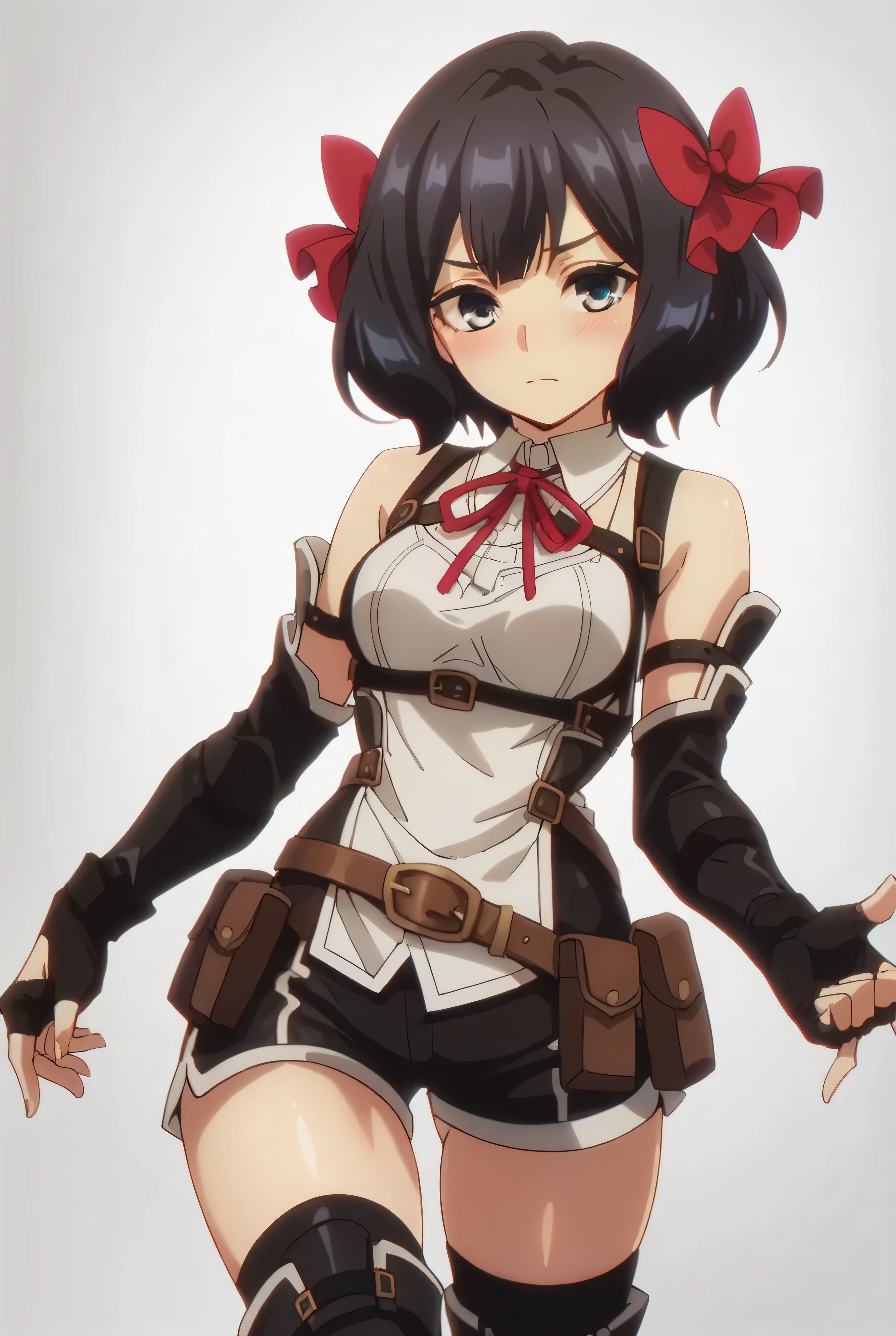 (score_9,score_8_up,score_7_up, ),TXWL_DN,1girl,solo,black hair,fingerless gloves,thighhighs,blue eyes,short hair,black thighhighs,blush,red ribbon,black gloves,hair bow,belt,detached sleeves,black shorts,belt pouch,cowboy_shot,simple_background,gray_background,shirt,thigh_boots