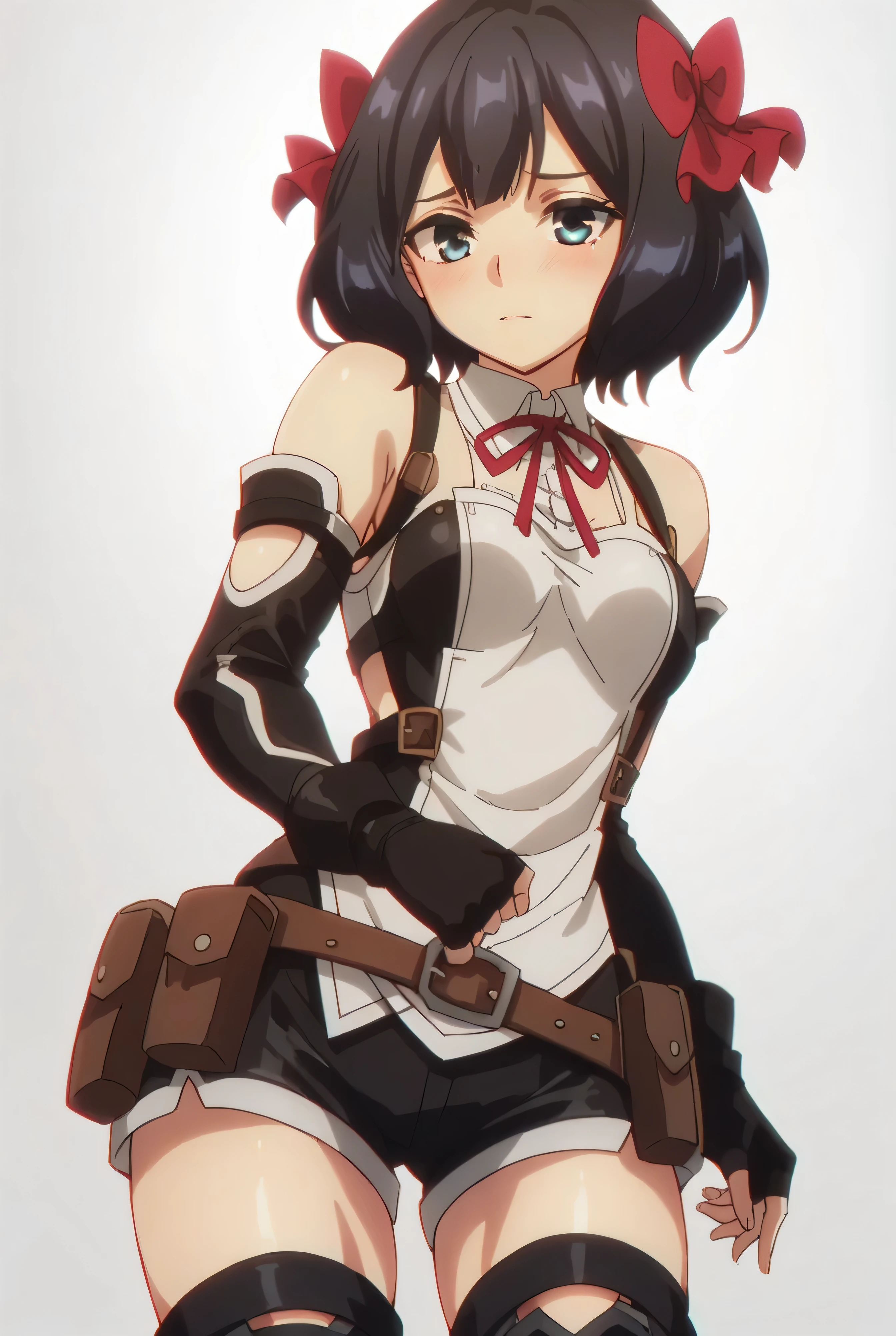 (score_9,score_8_up,score_7_up, ),TXWL_DN,1girl,solo,black hair,fingerless gloves,thighhighs,blue eyes,short hair,black thighhighs,blush,red ribbon,black gloves,hair bow,belt,detached sleeves,black shorts,belt pouch,cowboy_shot,simple_background,gray_background,shirt,thigh_boots