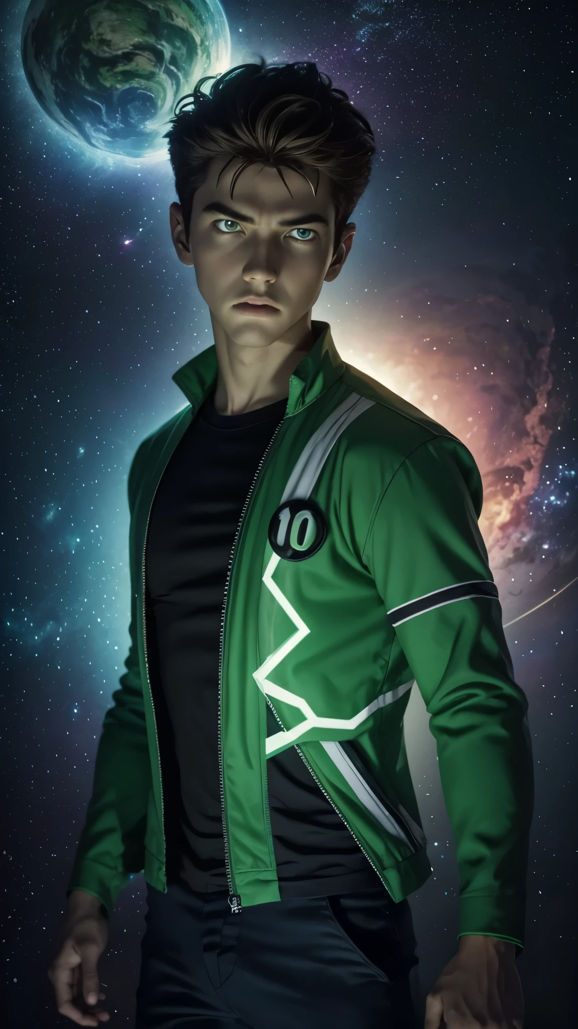 a highly detailed, cinematic, photorealistic portrait of Ben 10 standing in space, hyperrealistic, extremely detailed face and body, intricate textures, dramatic lighting, glowing energy effects, awe-inspiring cosmic background, volumetric atmosphere, cinematic composition, vibrant colors, epic scale, masterpiece