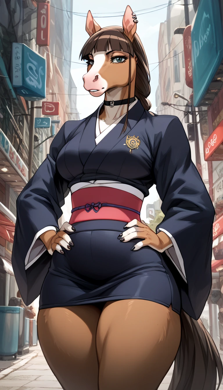 score_9, score_8_up, score_7_up, score_6_up, score_5_up, score_4_up, source_anime, source_furry, best quality, masterpiece, 1 female, (anthropomorphic horse, furry, ) goth , (wearging  Nemu kimono) , she is standing  , thicc body ,  (thick thighs:1.5) hands on hips (brown fur) 