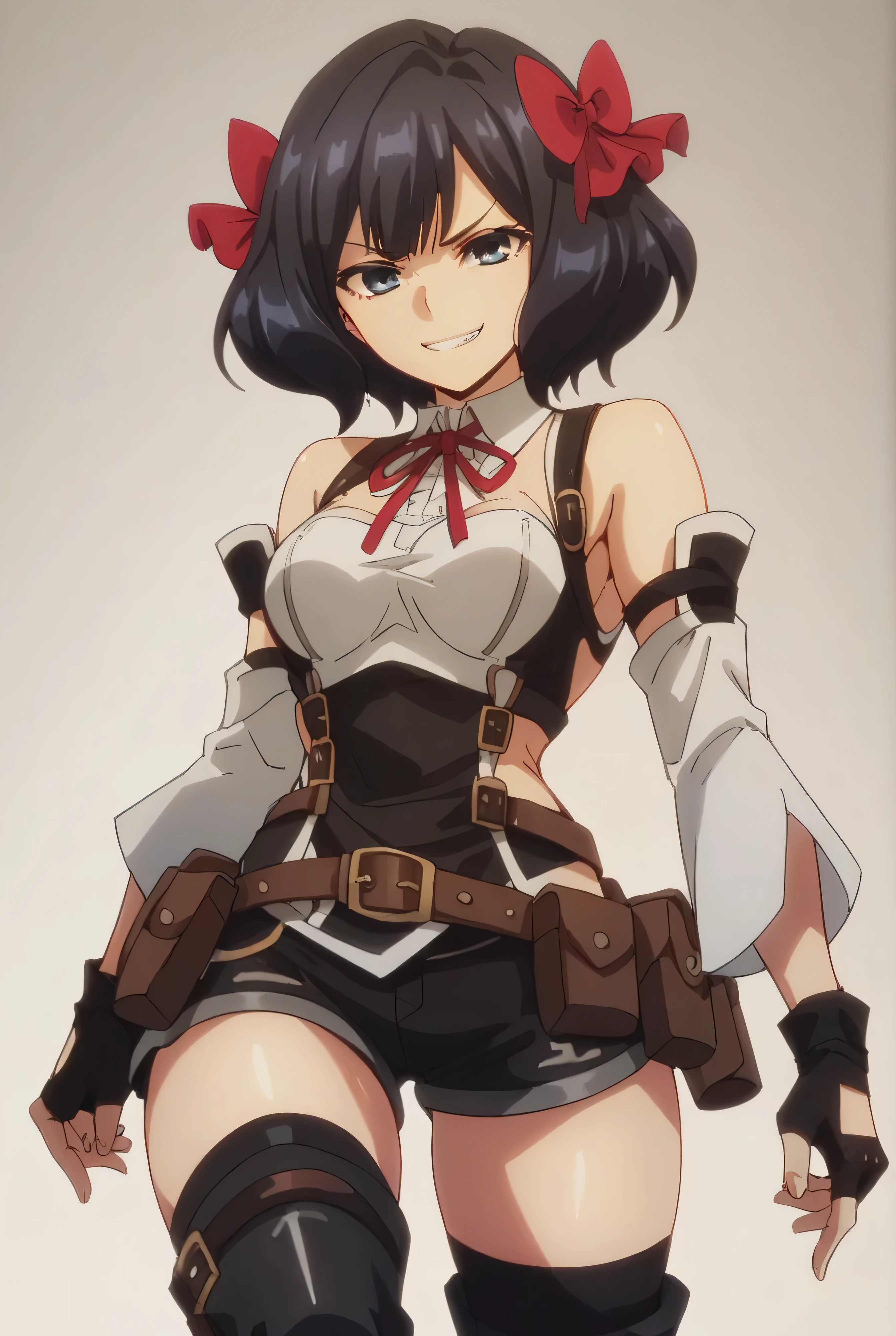 (score_9,score_8_up,score_7_up, ),TXWL_DN,1girl,solo,black hair,fingerless gloves,thighhighs,blue eyes,short hair,black thighhighs,evil smirk,,red ribbon,black gloves,hair bow,belt,detached sleeves,black shorts,belt pouch,cowboy_shot,simple_background,gray_background,shirt,thigh_boots