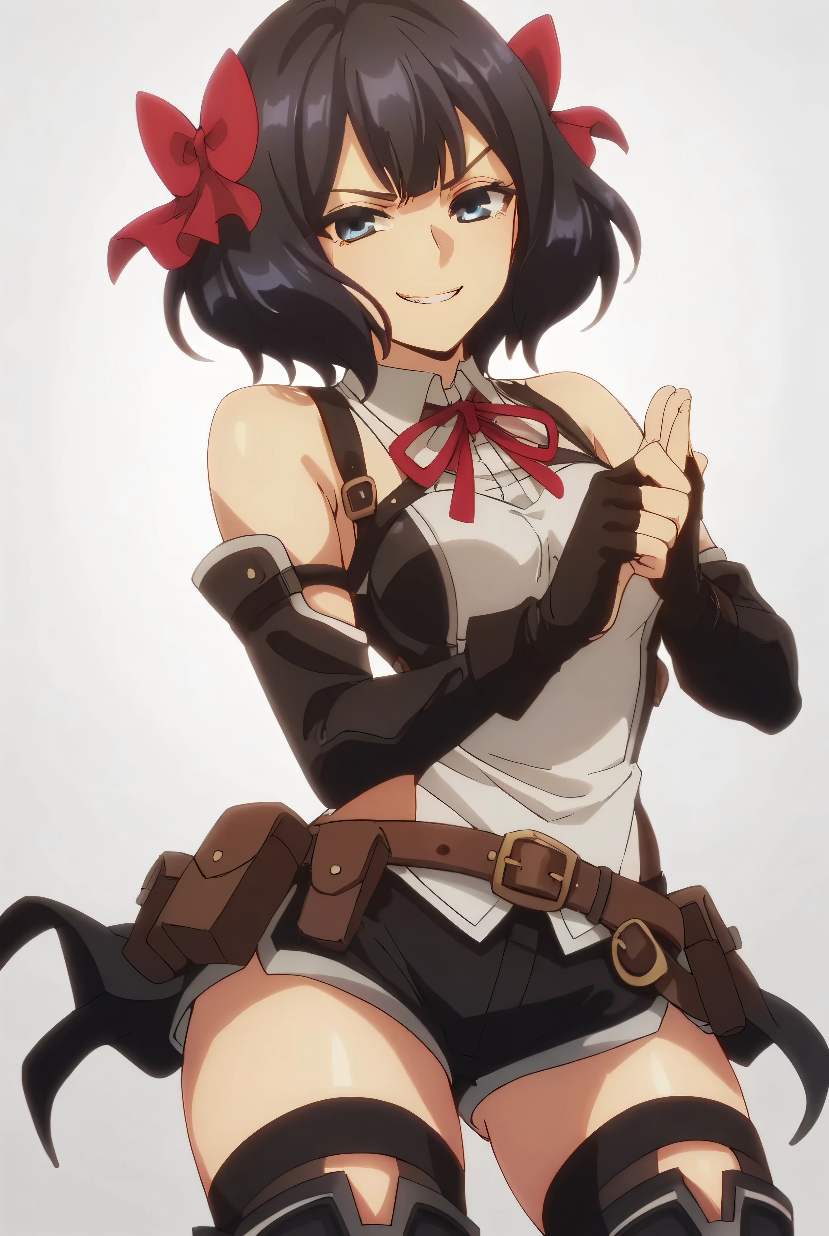 (score_9,score_8_up,score_7_up, ),TXWL_DN,1girl,solo,black hair,fingerless gloves,thighhighs,blue eyes,short hair,black thighhighs,evil smirk,,red ribbon,black gloves,hair bow,belt,detached sleeves,black shorts,belt pouch,cowboy_shot,simple_background,gray_background,shirt,thigh_boots