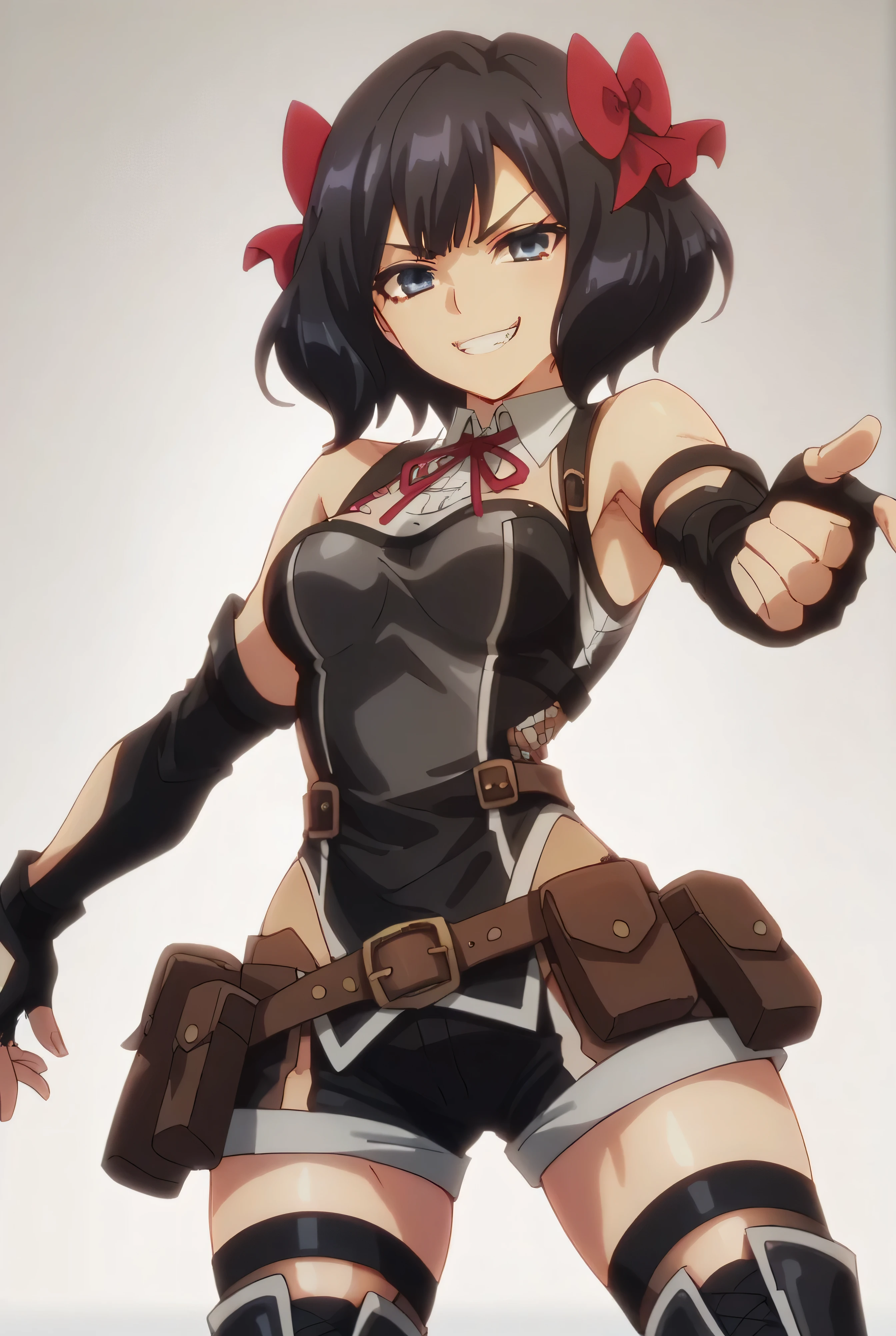 (score_9,score_8_up,score_7_up, ),TXWL_DN,1girl,solo,black hair,fingerless gloves,thighhighs,blue eyes,short hair,black thighhighs,evil smirk,,red ribbon,black gloves,hair bow,belt,detached sleeves,black shorts,belt pouch,cowboy_shot,simple_background,gray_background,shirt,thigh_boots