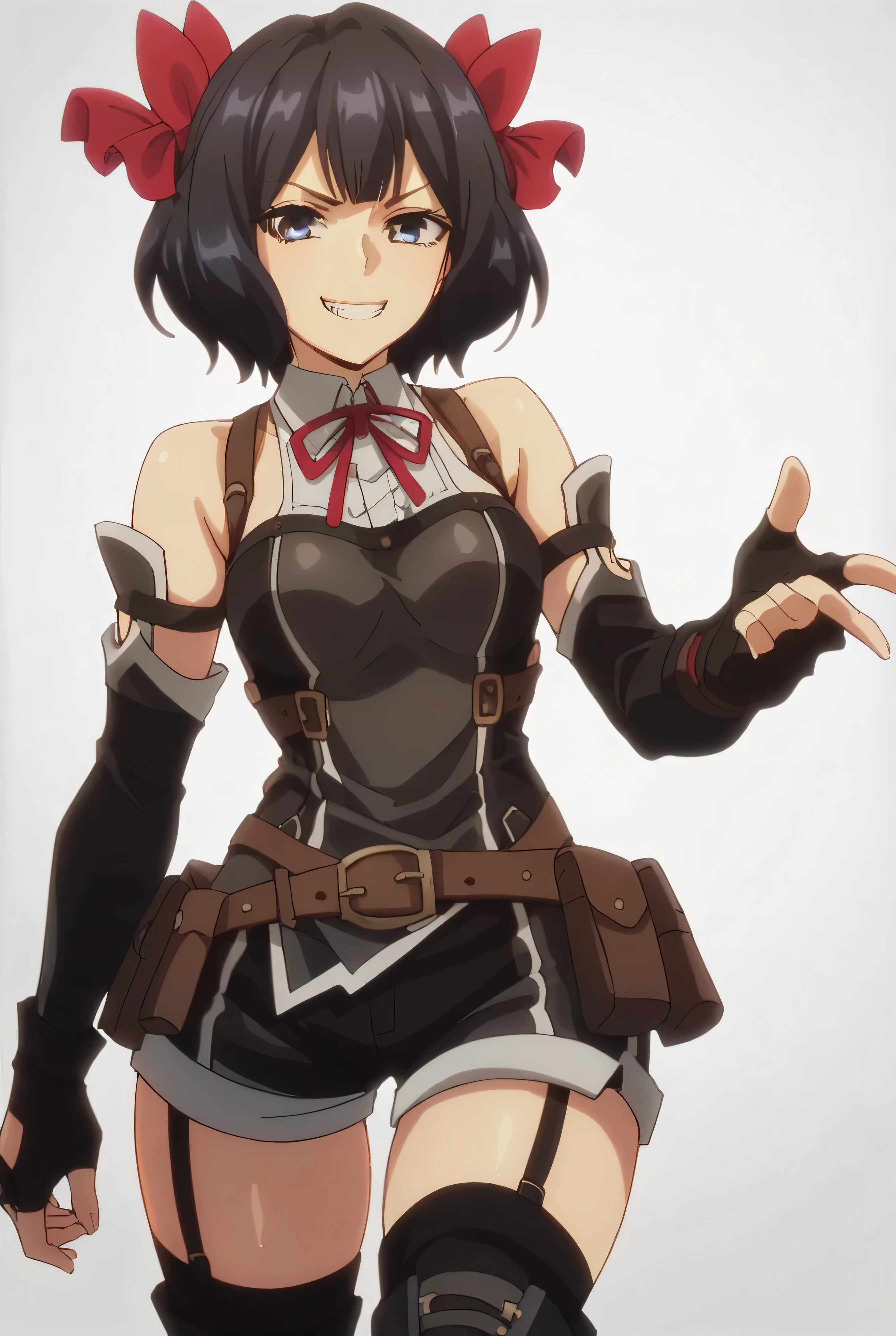 (score_9,score_8_up,score_7_up, ),TXWL_DN,1girl,solo,black hair,fingerless gloves,thighhighs,blue eyes,short hair,black thighhighs,evil smirk,,red ribbon,black gloves,hair bow,belt,detached sleeves,black shorts,belt pouch,cowboy_shot,simple_background,gray_background,shirt,thigh_boots