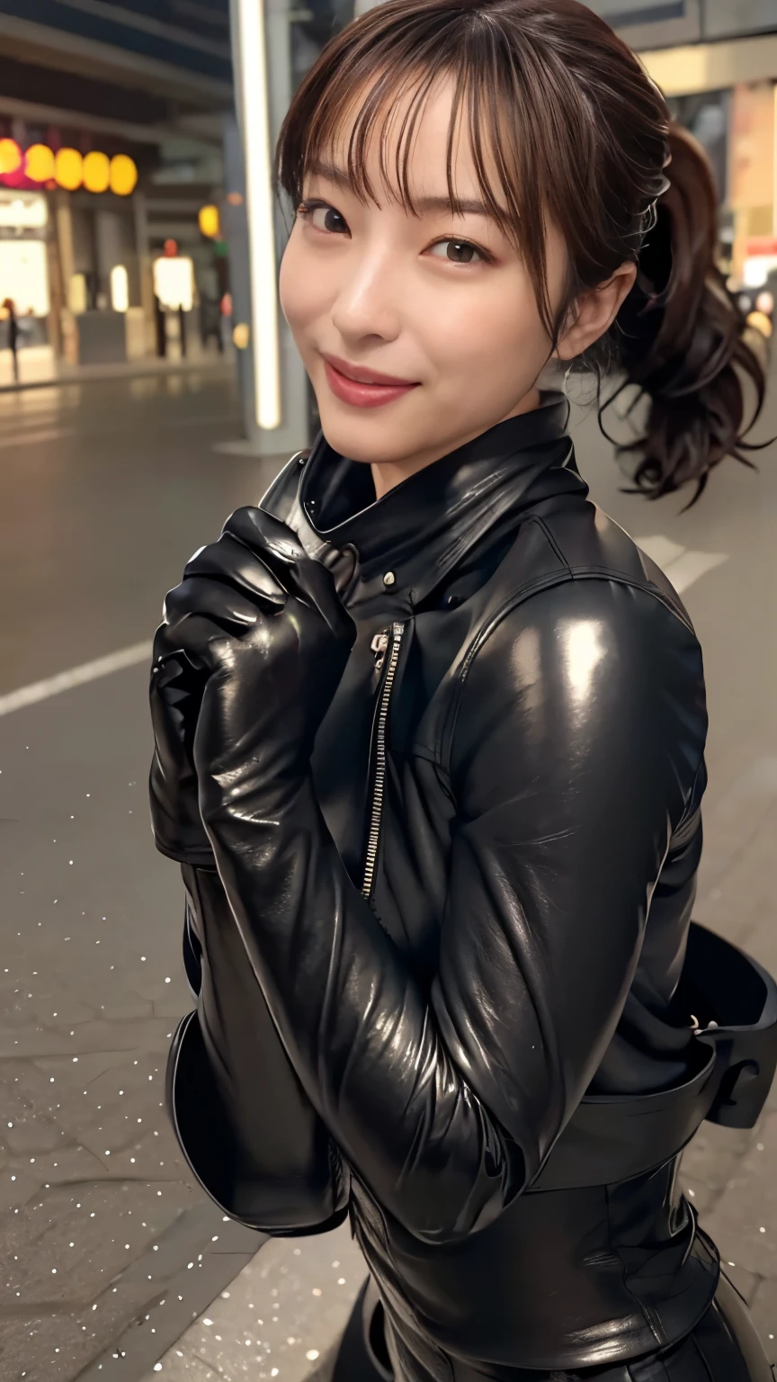 ( glossy black leather riders jacket:1.2), Office in the Dark, Black leather gloved fingertips on both hands,Wearing black leather gloves,Sitting in a black leather chair、 Japanese female new recruits (Black leather gloves cover both hands:1.4) (The angle is in front )、Black Leather Pants,Black Leather Black Leather Pants, black leather skinny pants 、(very tight fit:1.4). Black long leather boots on both feet、 black hair ponytail((She wears black leather gloves on her hands:1.4))(Full Body Photo:1.3), full body shot full body full body leather suit ,☺(Long boots plus leather pants boots in :1.5)、Full body shot from head to toe、very tight fit. Wearing black leather gloves,Wearing black leather gloves,Wearing black leather gloves,Wearing black leather gloves,Wearing black leather gloves,Wearing black leather gloves,黒のレザーパンツが美しい😍黒のレザーパンツが美しい😍黒のレザーパンツが美しい,😍こちらを見ながら笑faceで微笑んでる,City lights、(Cyberpunk City Street:1.3))、 detailed lighting、
best image quality、 super high resolution 、( realism:1.4)、Korean Beauty Star、The most beautiful KPOP stars、face、Horny Korean Makeup、A body that makes you want to touch it、Realistic leather texture、Costume made of smooth leather fabric、The drape of the curved parts of the leather fabric、The costume is very shiny、Quality of the costume、8K Photo Quality、(shy Smile:1.4)