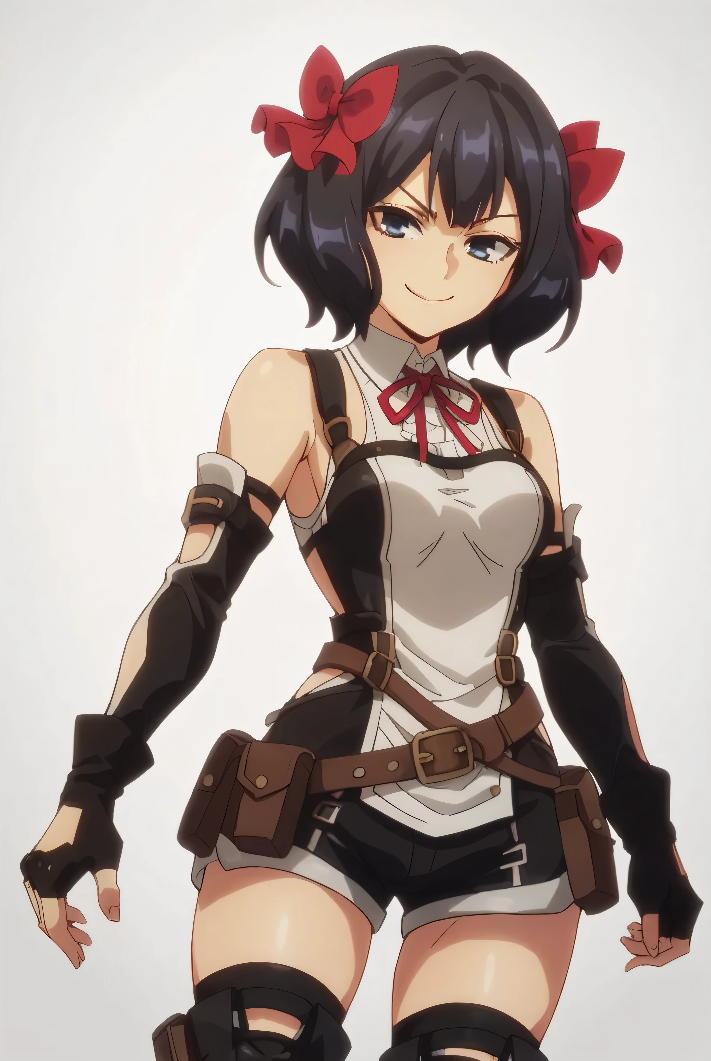 (score_9,score_8_up,score_7_up, ),TXWL_DN,1girl,solo,black hair,fingerless gloves,thighhighs,blue eyes,short hair,black thighhighs,shade evil smirk,,red ribbon,black gloves,hair bow,belt,detached sleeves,black shorts,belt pouch,cowboy_shot,simple_background,gray_background,shirt,thigh_boots