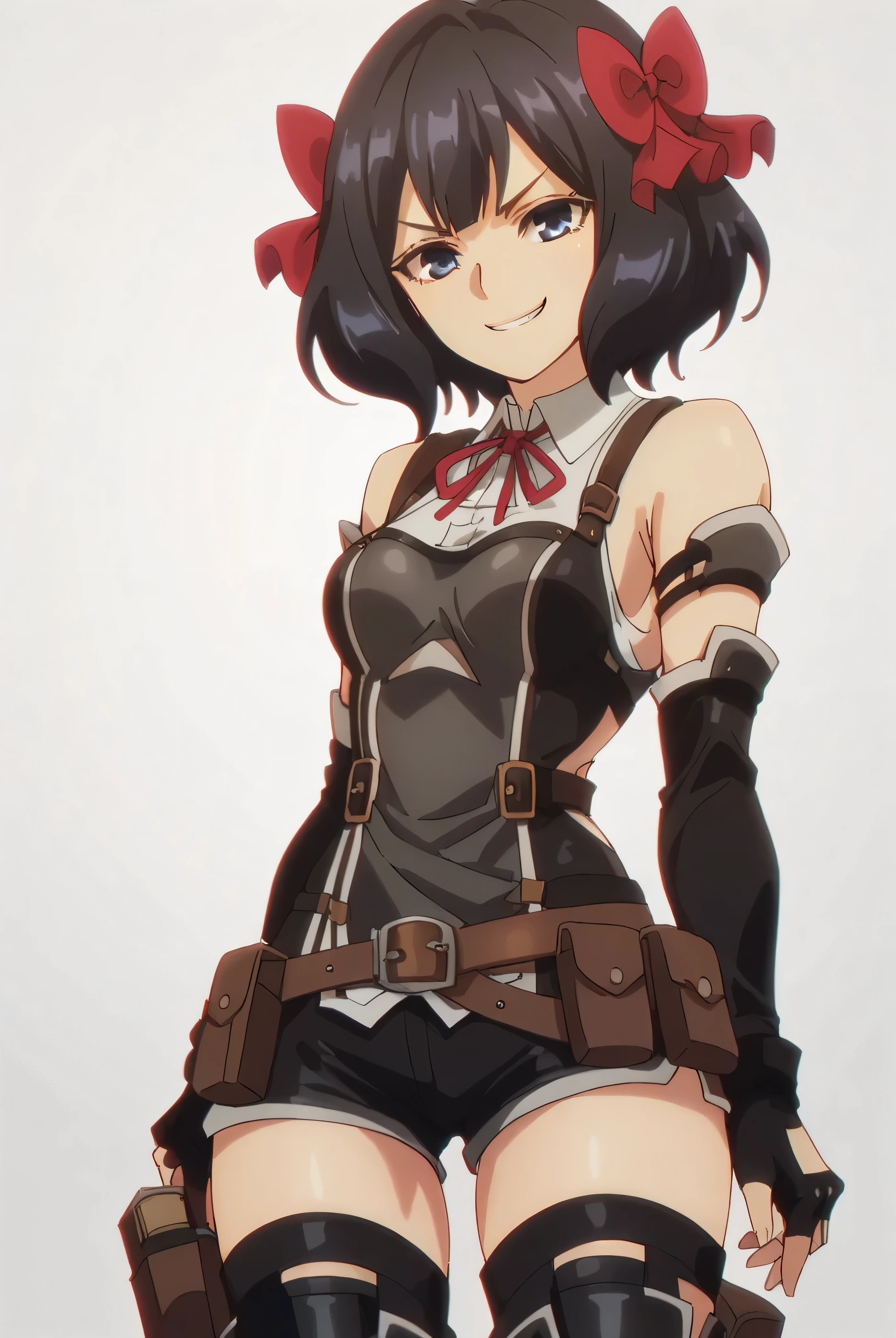 (score_9,score_8_up,score_7_up, ),TXWL_DN,1girl,solo,black hair,fingerless gloves,thighhighs,blue eyes,short hair,black thighhighs,shade evil smirk,,red ribbon,black gloves,hair bow,belt,detached sleeves,black shorts,belt pouch,cowboy_shot,simple_background,gray_background,shirt,thigh_boots