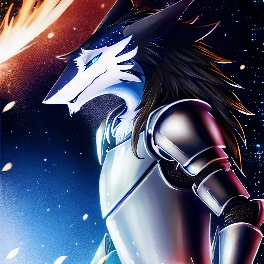 anthro male sergal with black fur is a holy knight, wearing shining white and gold armor. The background is galactic themed and has a mix luminous and radiance lighting.