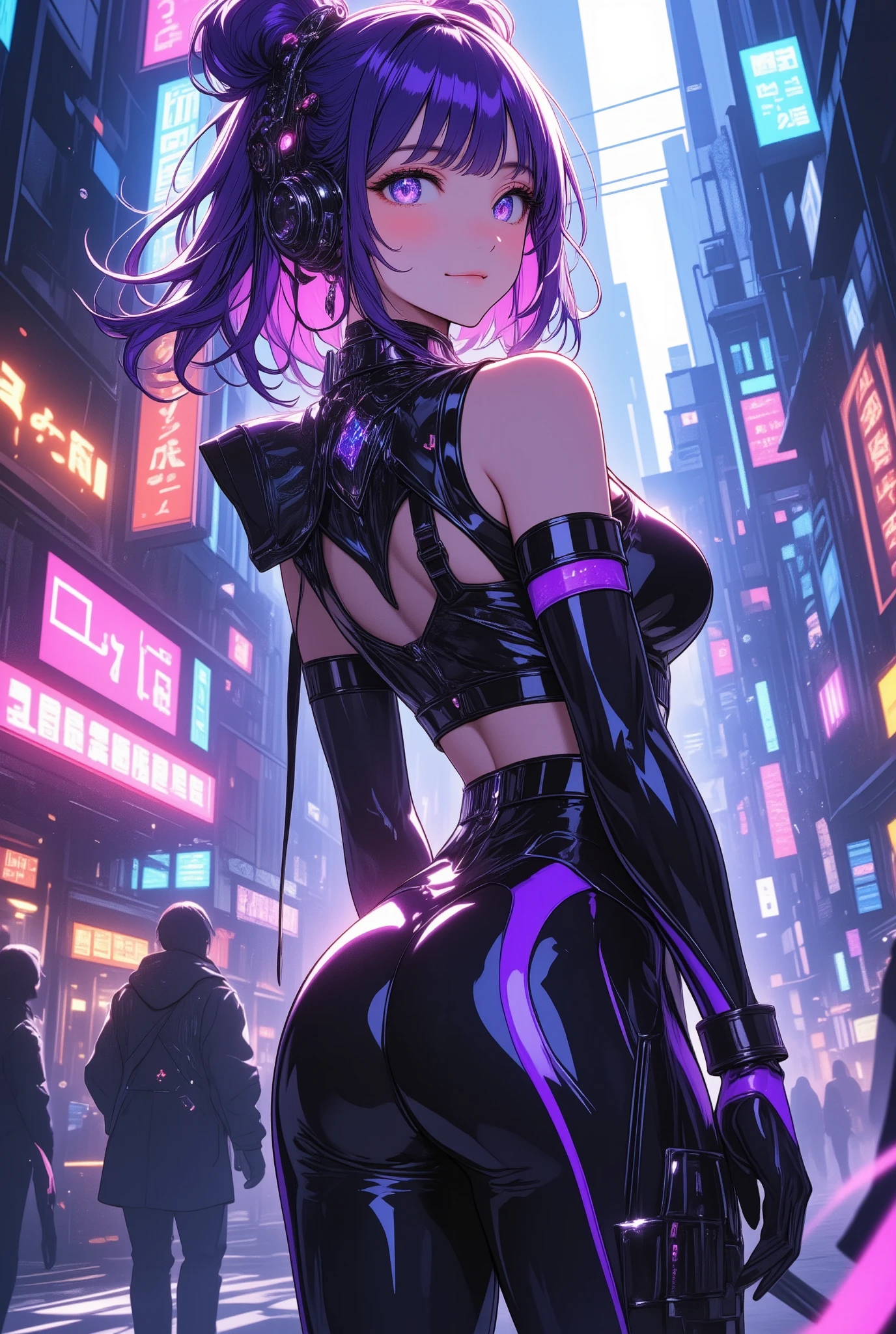 (Best Quality, Masterpiece) white skin girl, short black hair, upper half of body, pointed ears down, piercings, cyberpunk black gothic clothing, gothic boots, pantyhose, short/small stature, holding black umbrella, bright neon green eyes, expression of boredom, cyberpunk alley --auto --s2