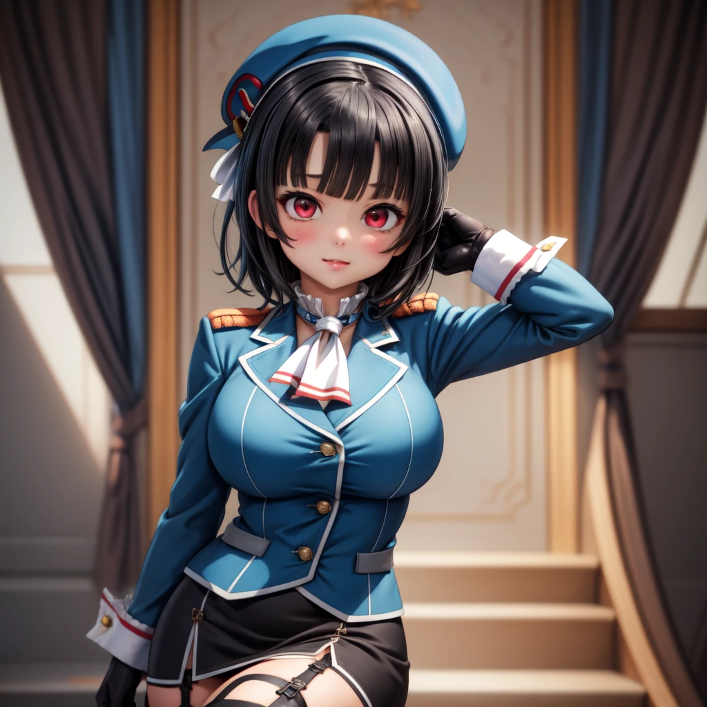 (masterpiece, best quality:1.2),illustration,8k,hd,1girl,solo,upper body,(portrait:1.2),takao \(kancolle\),black hair,red eyes,short hair,large breasts,long sleeves,hat,black gloves,black thighhighs,miniskirt,blue skirt,military uniform,beret,garter straps,blue jacket,blue headwear,pencil skirt,