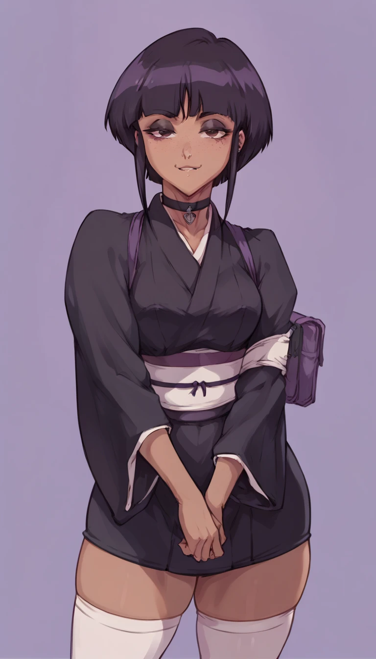 (solo) female , black short hair, woman, attractive, goth,goth , (wearging Nemu kimono) , white stockings thicc, freckles, freckles on face, smug eyes, (happy expression), she is ,standing_split , violet background, simple background, thick thighs  (front view)  (dark skin)