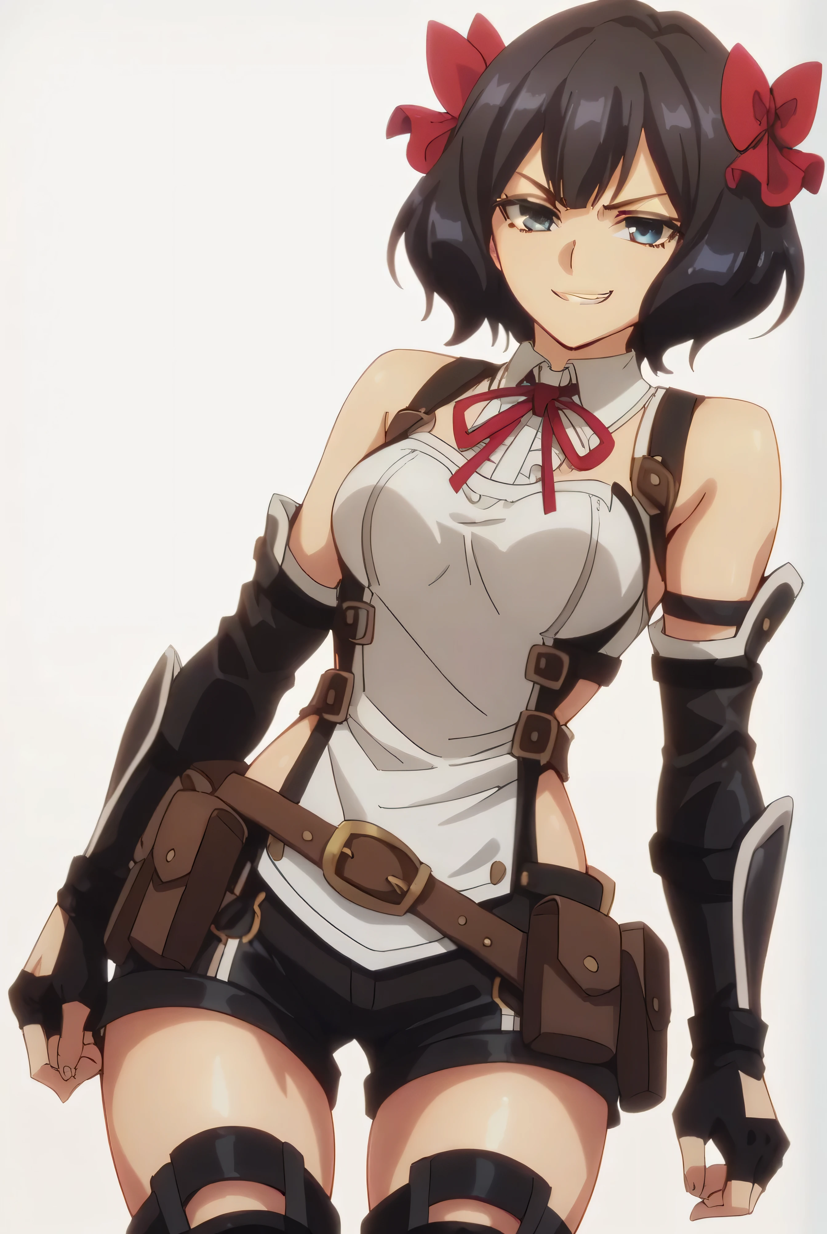 (score_9,score_8_up,score_7_up, ),TXWL_DN,1girl,solo,black hair,fingerless gloves,thighhighs,blue eyes,short hair,black thighhighs,shade evil smirk,,red ribbon,black gloves,hair bow,belt,detached sleeves,black shorts,belt pouch,cowboy_shot,simple_background,gray_background,shirt,thigh_boots