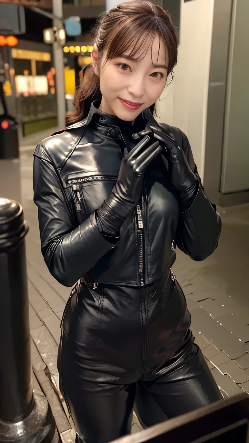 ( glossy black leather riders jacket:1.2), Office in the Dark, Black leather gloved fingertips on both hands,Wearing black leather gloves,Sitting in a black leather chair、 Japanese female new recruits (Black leather gloves cover both hands:1.4) (The angle is in front )、Black Leather Pants,Black Leather Black Leather Pants, black leather skinny pants 、(very tight fit:1.4). Black long leather boots on both feet、 black hair ponytail((She wears black leather gloves on her hands:1.4))(Full Body Photo:1.3), full body shot full body full body leather suit ,☺(Long boots plus leather pants boots in :1.5)、Full body shot from head to toe、very tight fit. Wearing black leather gloves,Wearing black leather gloves,Wearing black leather gloves,Wearing black leather gloves,Wearing black leather gloves,Wearing black leather gloves,黒のレザーパンツが美しい😍黒のレザーパンツが美しい😍黒のレザーパンツが美しい,😍こちらを見ながら笑faceで微笑んでる,City lights、(Cyberpunk City Street:1.3))、 detailed lighting、
best image quality、 super high resolution 、( realism:1.4)、Korean Beauty Star、The most beautiful KPOP stars、face、Horny Korean Makeup、A body that makes you want to touch it、Realistic leather texture、Costume made of smooth leather fabric、The drape of the curved parts of the leather fabric、The costume is very shiny、Quality of the costume、8K Photo Quality、(shy Smile:1.4)